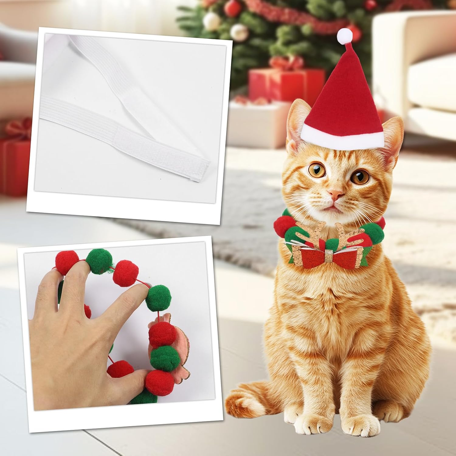 Pack of 4 Christmas Costume for Cats, Christmas Hat Cat, Cat Clothing, Pet Costume Christmas Collar Cat Santa Hat Christmas Costume Gift for Cats Dogs Puppies image number 1