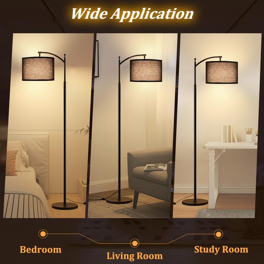61'' Floor Lamp for Living Room, Necomi Curved Floor Lamp, 3 Colour Temperatures 3000K-5000K, Modern LED Floor Lamp with 9W LED Bulb and Linen Shade (Adjustable), Bedroom Office Dining Room（Black image number 3