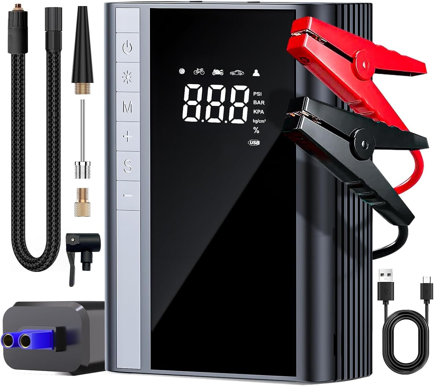 Car Jump Starter with Air Compressor, 10000Mah Battery Pack Jump Starter 1500A Peak for up to 7.0L Gas and 5.5L Diesel Engine, 12V Battery Booster Jump Box with LED Display/Flashlight/Jumper Cable/Usb image number 2