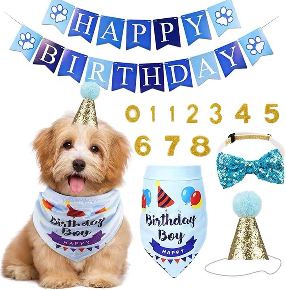 DGBAY Dog Birthday Bandana, Hat, Bow Tie & Banner Set - Blue - Cotton - Medium/Small Dogs & Cats - Costume Accessory Set image number 2