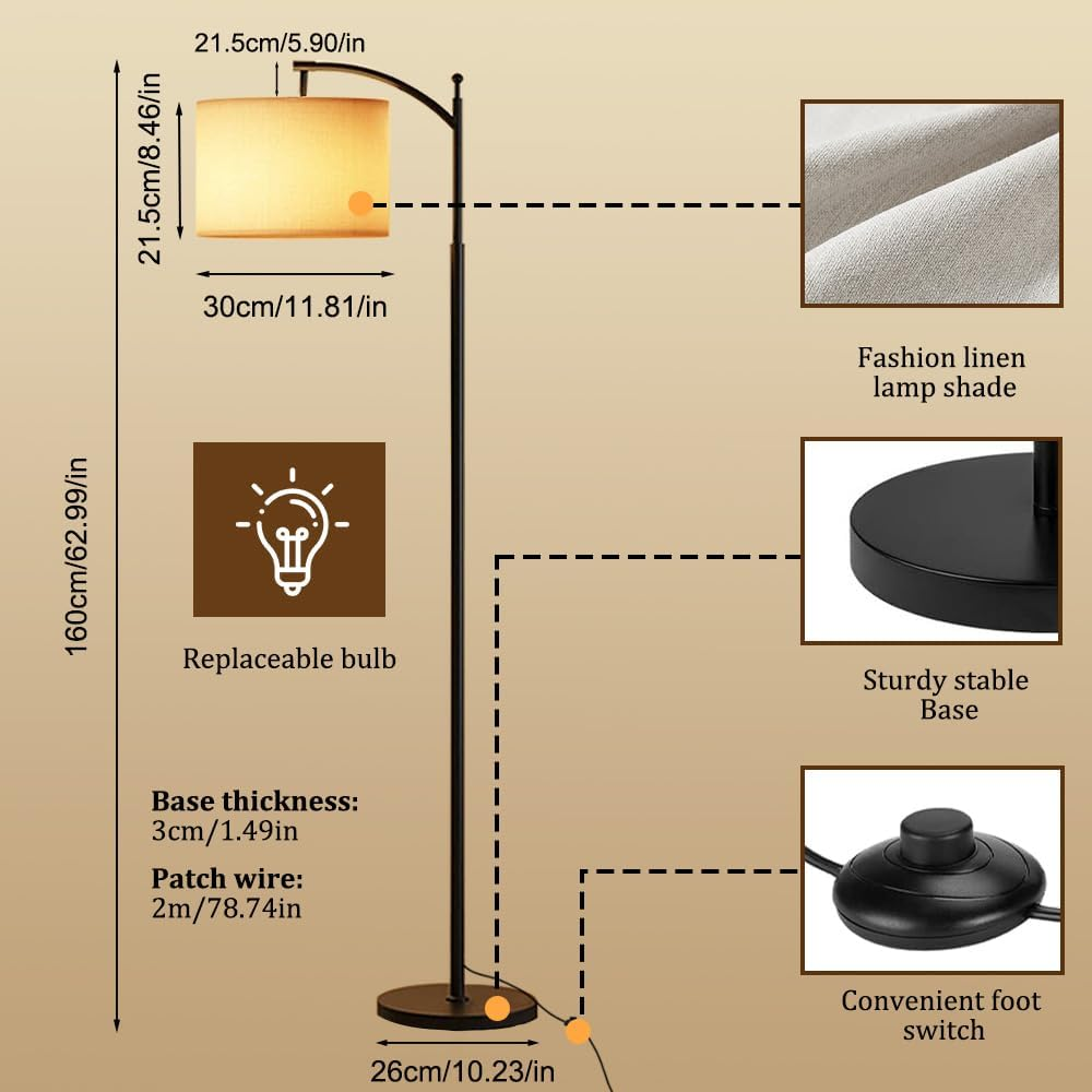 61&lsquo;&rsquo; Floor Lamp for Living Room, Necomi Curved Floor Lamp, 3 Colour Temperatures 3000K-5000K, Modern LED Floor Lamp with 9W LED Bulb and Linen Shade (Adjustable), Bedroom Office Dining Room image number 2