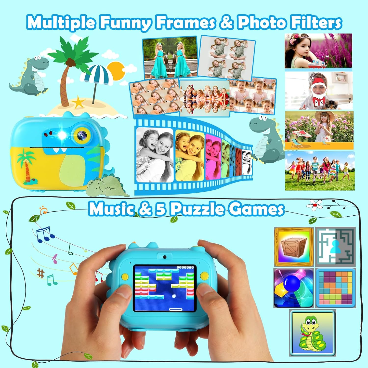 Kids Camera Instant Print,Children Digital Camera Toy with HD Video for Kids Aged 3-12,Christmas Birthday Festival Present for Girls Boys, 7 Rolls Instant Paper&32Gb Card,M3 - Blue image number 5