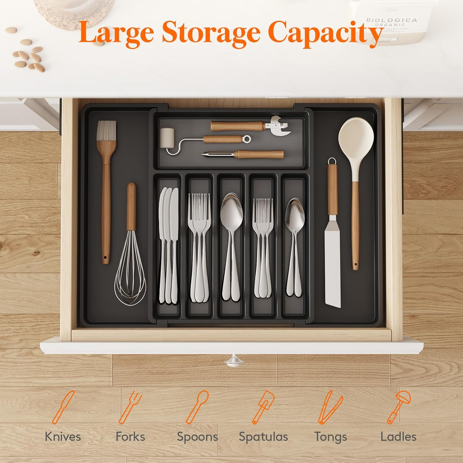Lifewit Silverware Drawer Organizer, Expandable Utensil Tray with Non-Slip TPR, Deep Flatware Cutlery Holder, Adjustable Plastic Kitchen Storage for Spoons Forks Knives, Large, Black and Gray image number 2