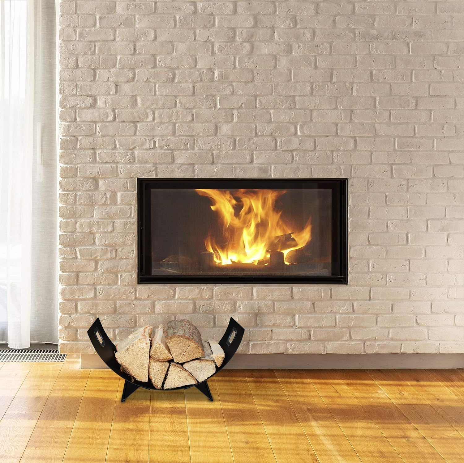 Relaxdays Firewood Basket Metal Modern Firewood Storage inside H X D: 18.5 X 40.5 X 33 Cm Large Wooden Tray Black image number 3