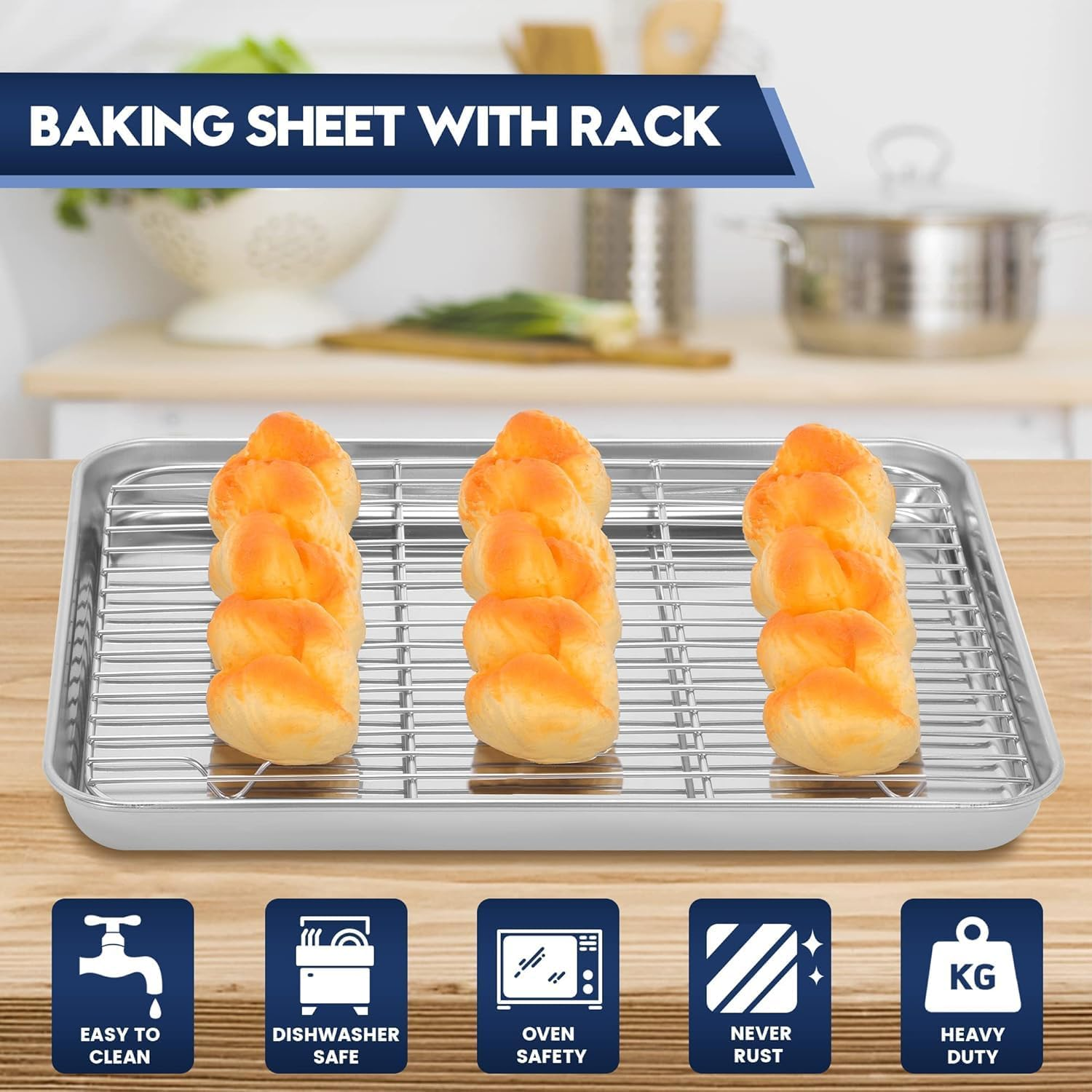 Baking Sheet & Rack Set [2 Sheets + 2 Racks], Stainless Steel Cookie Pan with Cooling Rack, Size 40.5 X 30.5Cm, Non Toxic & Heavy Duty & Easy Clean image number 3