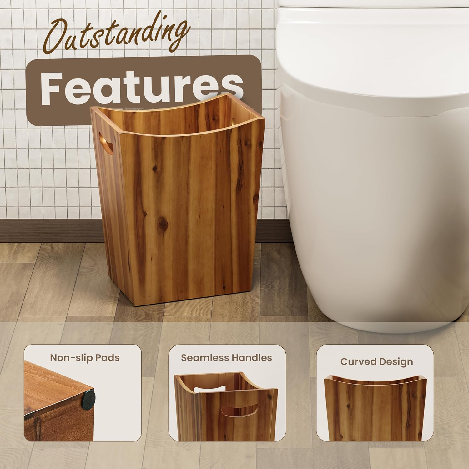TIDITA 7.5 Litres Rectangular Wastebaskets - Acacia Wood Waste Basket with Handles - Small Trash Can for Bathroom - Brown Garbage Bin for Spa Bathroom Decorative, Kitchen under Counter image number 5