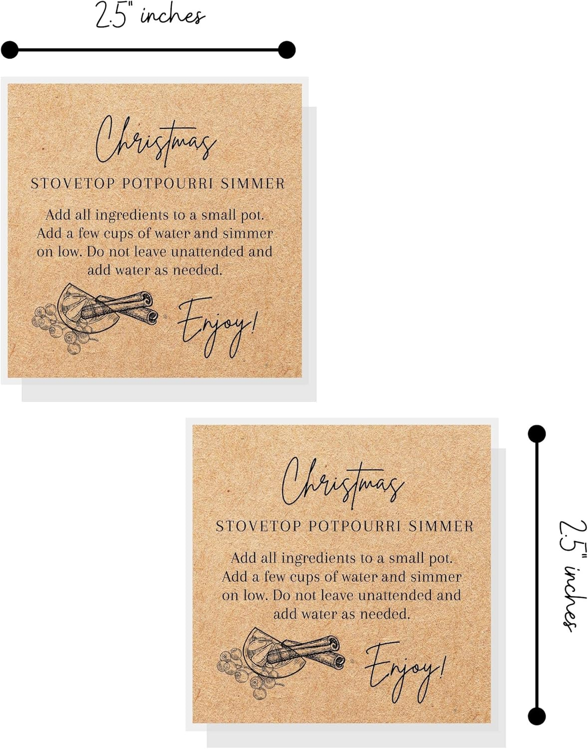 Christmas Stovetop Potpourri Simmer Instruction Cards | 30 Pack | 2.5 X 2.5" Inches Square Card | Potpourri | Kraft Christmas Design image number 2