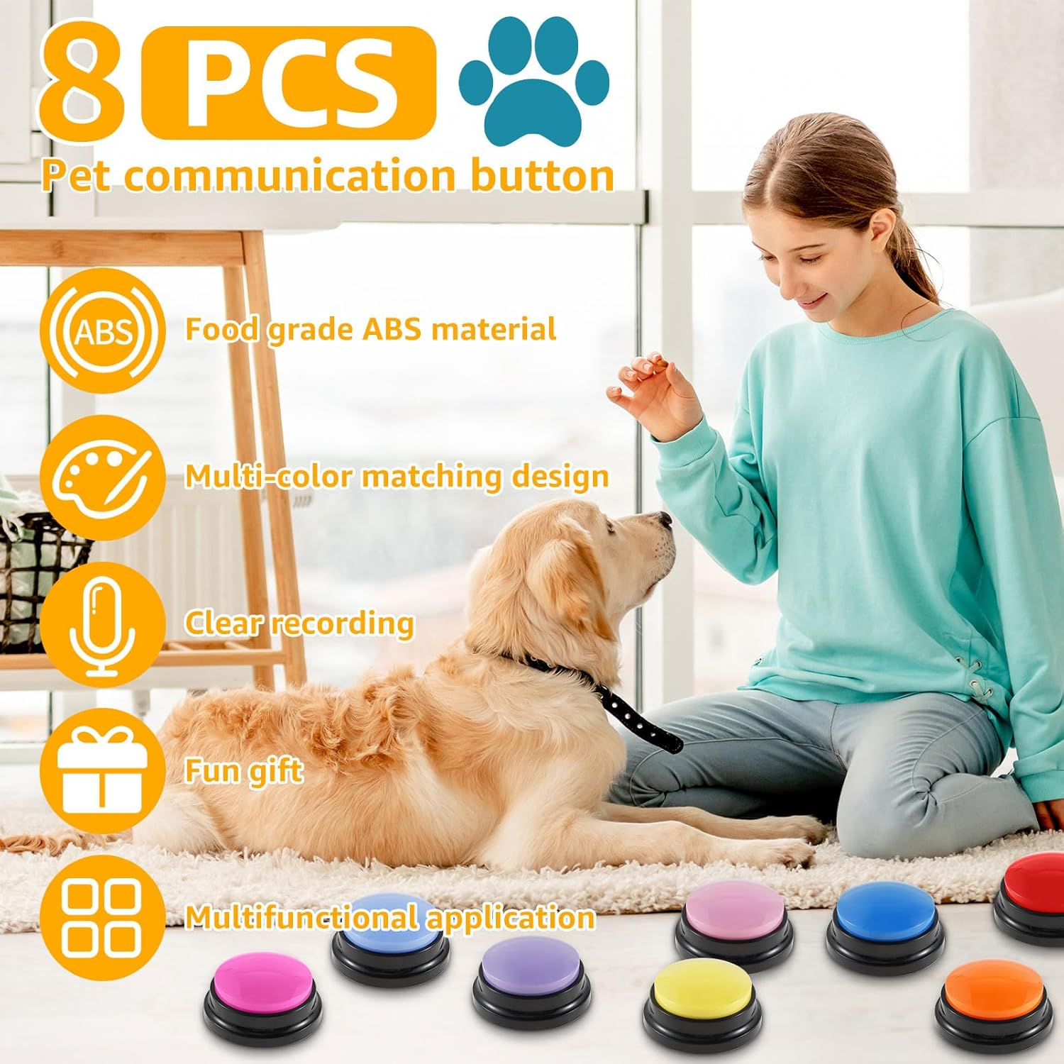 8Pcs Dog Talking Button Recordable Dog Training Buttons 8 Color Dog Training Buzzers 30 Seconds Voice Recording Battery Operated Pet Communication Buttons for Pet Dog Training image number 5
