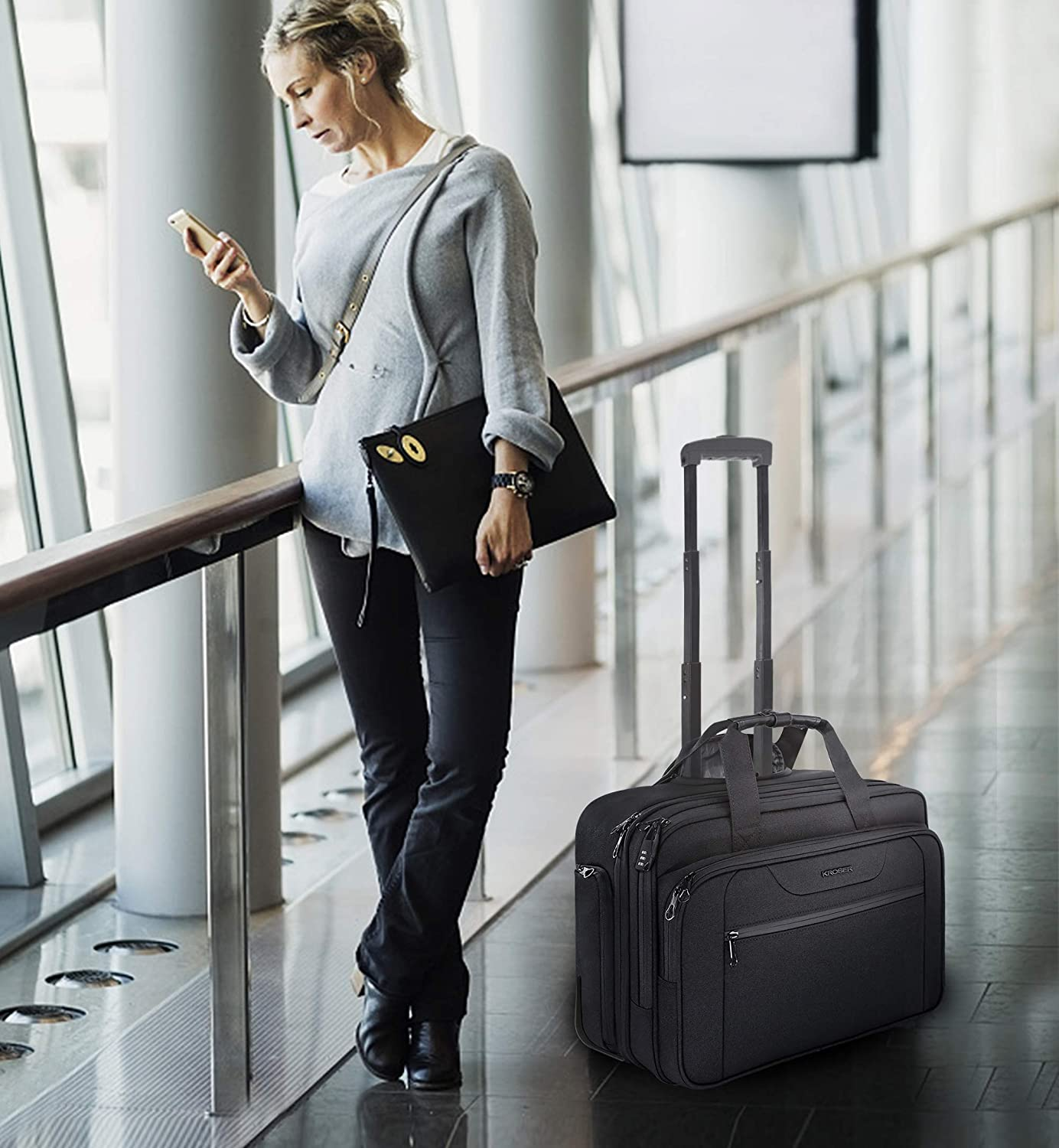 KROSER Rolling Laptop Bag Premium Wheeled Briefcase Fits up to 17.3 Inch Laptop Water-Proof Overnight Roller Case Computer Bag with RFID Pockets for Travel/Business/School/Men/Women-Black image number 4