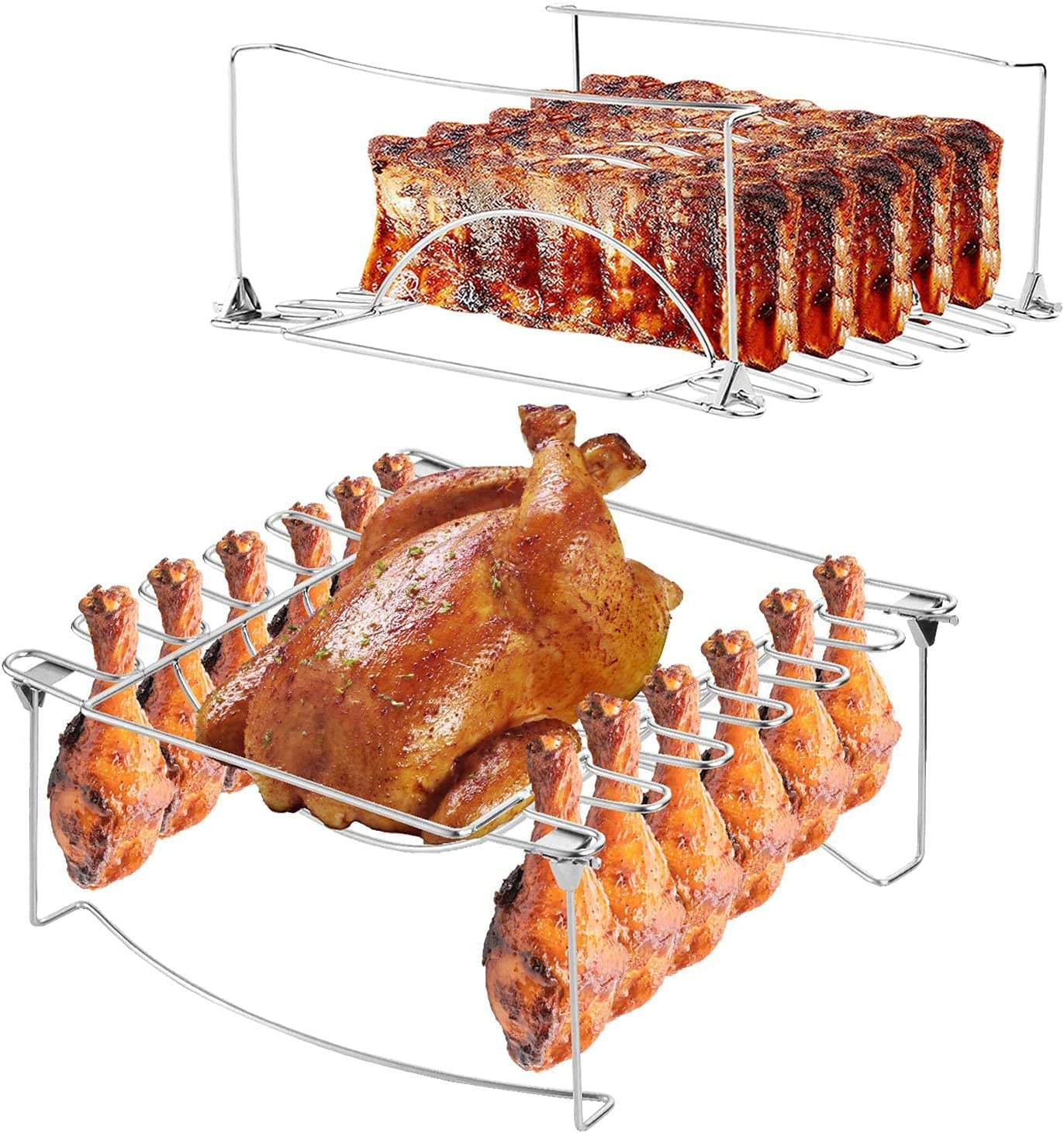 3-In-1 Rib Rack for Smoking & Chicken Leg Rack for Grill - Holds 6 Large Ribs, 12 Chicken Leg Wing, 1 Whole Chicken - Premium Foldable Space-Saving Chicken Drumstick Rib Racks for Grilling & Smoking image number 3