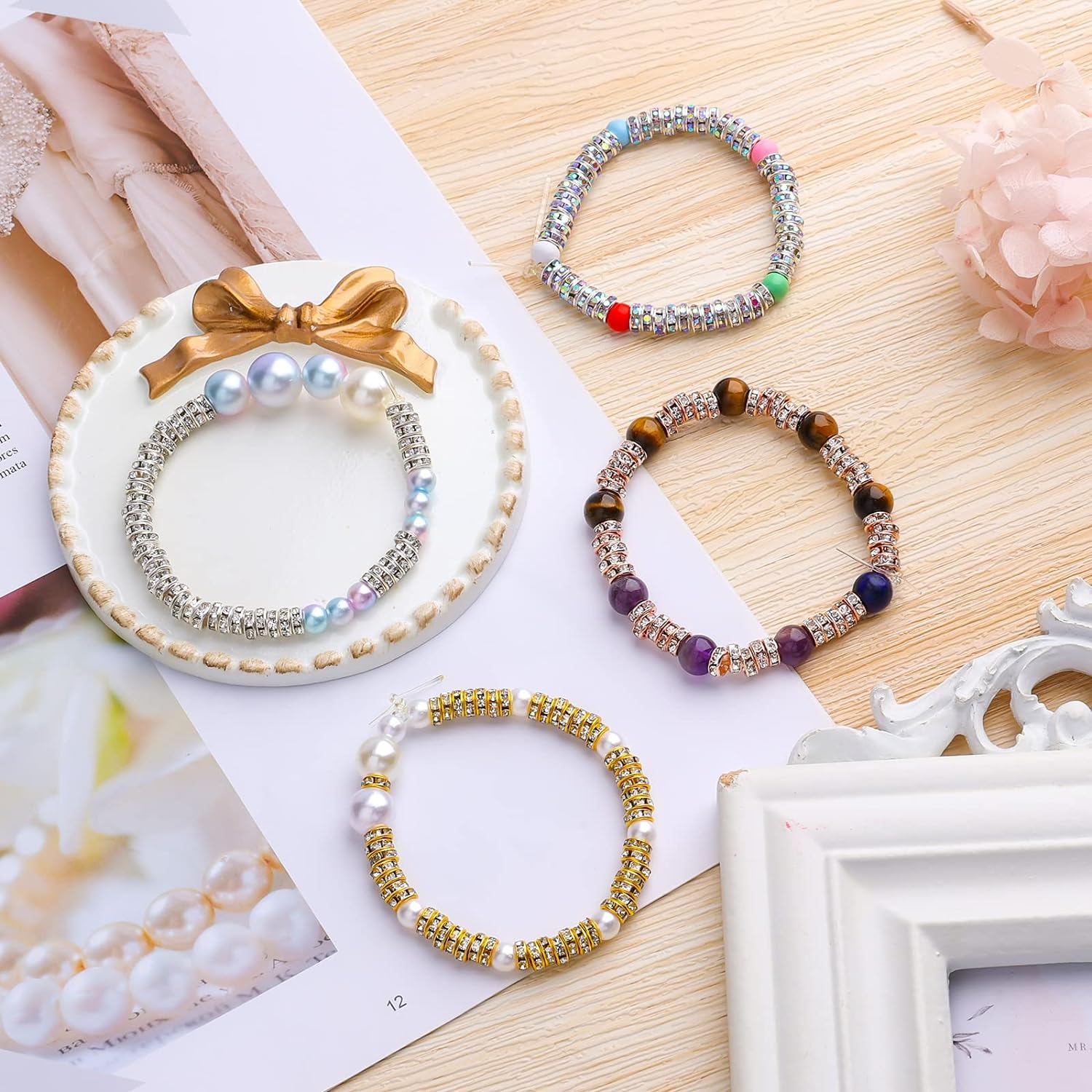 Savita 200Pcs 6Mm Rondelle Beads Precious Stones Crystal Loose round Spacer Beads for Bracelet Necklace Jewelry Making Decorations (Silver, Gold, Rose Gold, Laser Colorful) image number 2