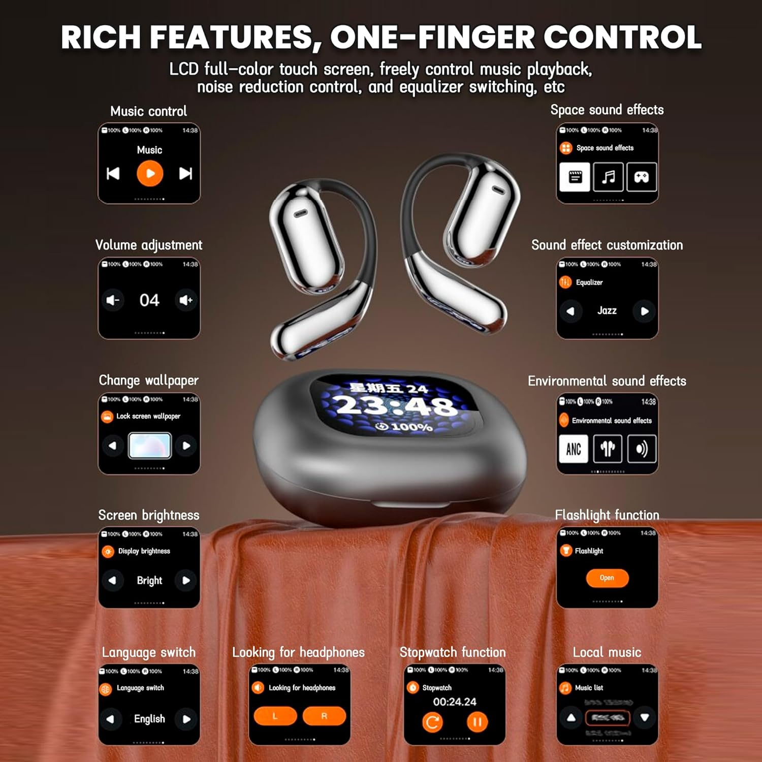 TKTCO over the Ear Headphones Q16Pro ，Smart Touch Screen Charging Box，Sports Earhook Bluetooth Headphones，Suitable for Fitness Running and Cycling, IPX4 Waterproof and Noise Reduction (Grey) - Silver image number 6