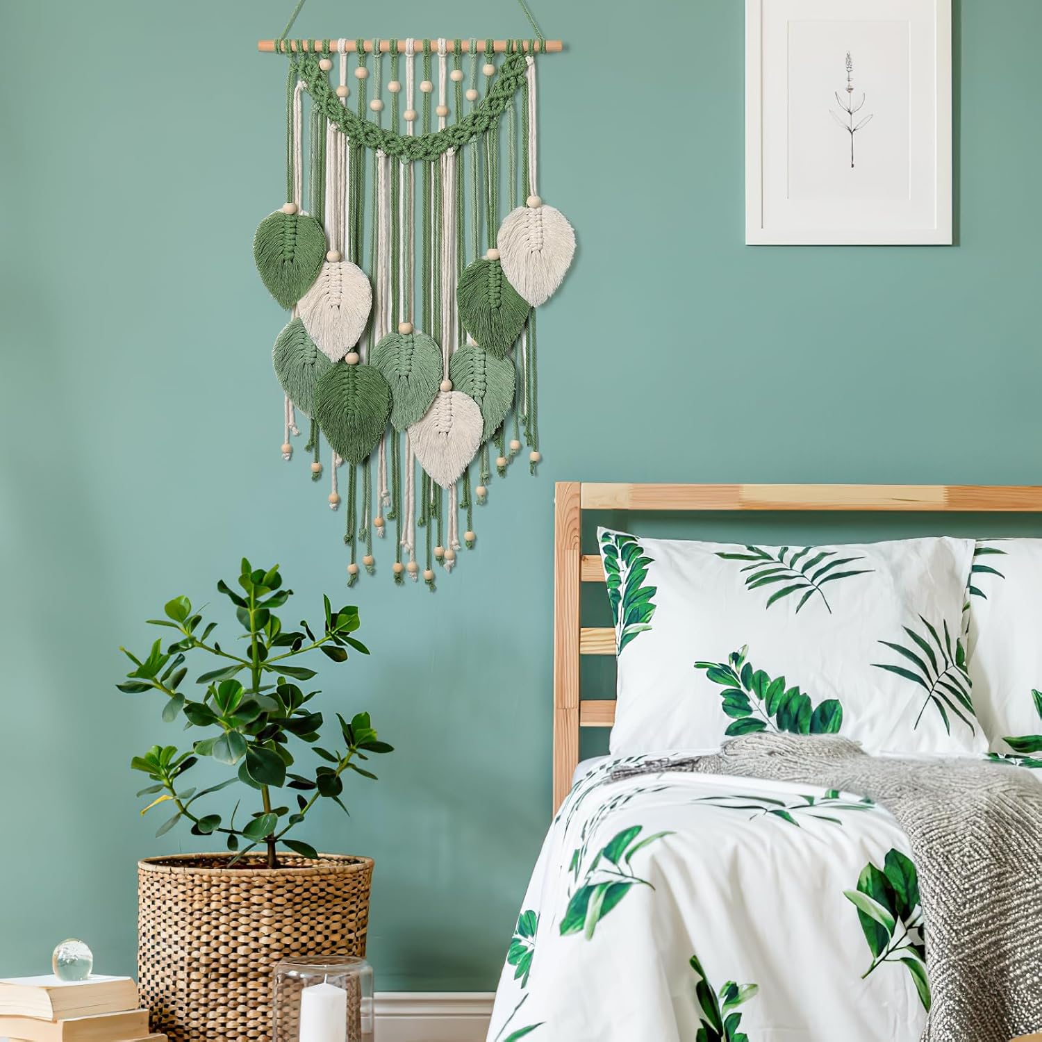 Weldomcor Macrame Wall Hanging Boho Leaf Woven Tapestry, Bohemian Chic Home Decor Modern Handmade Leaves Feather Wall Art Decorations for Bedroom Living Room Apartment Ornament (Green) image number 3