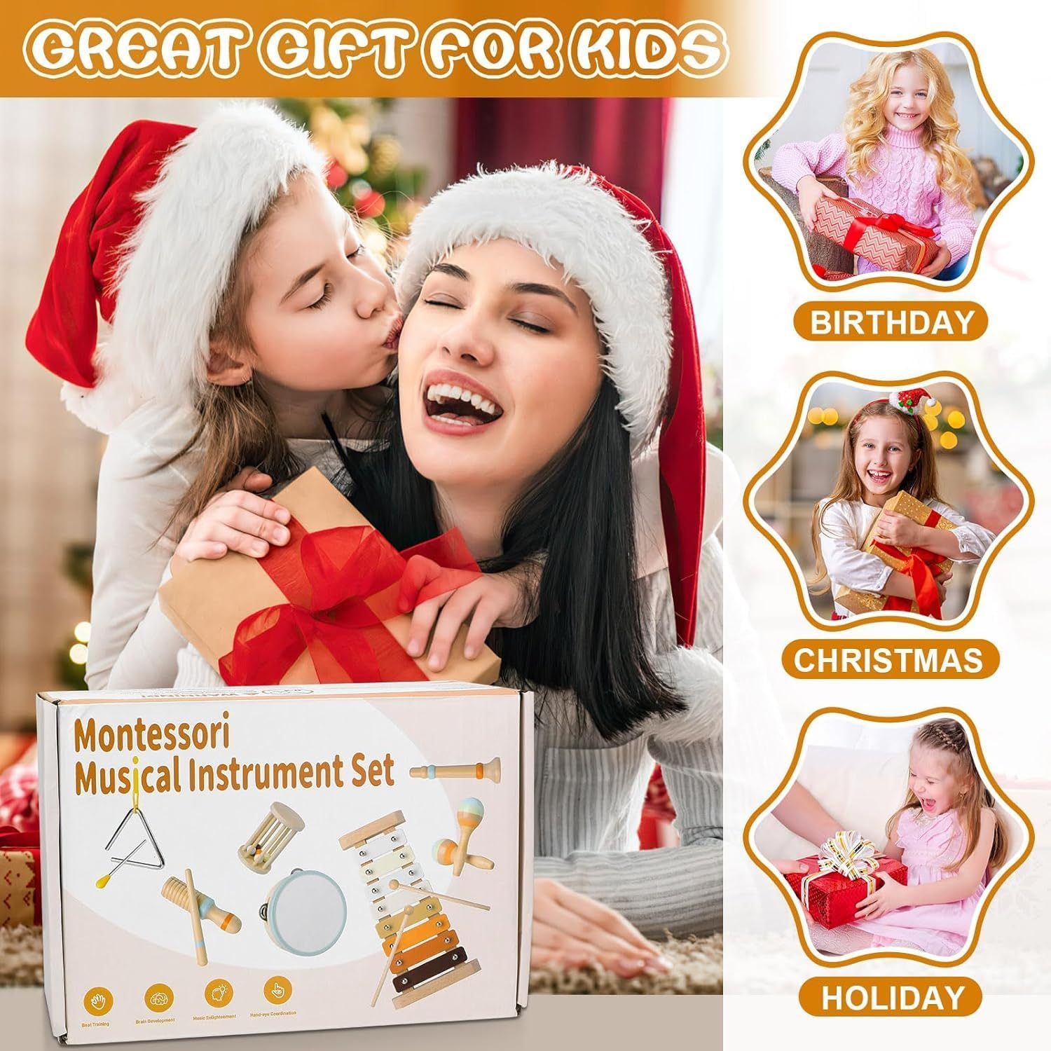 Kids Wooden Percussion Instruments Toy Set,7 in 1 Toddlers Montessori Musical Toys Music Enlightenment Percussion Toys Preschool Educational Music Toys for Boys Girls image number 3