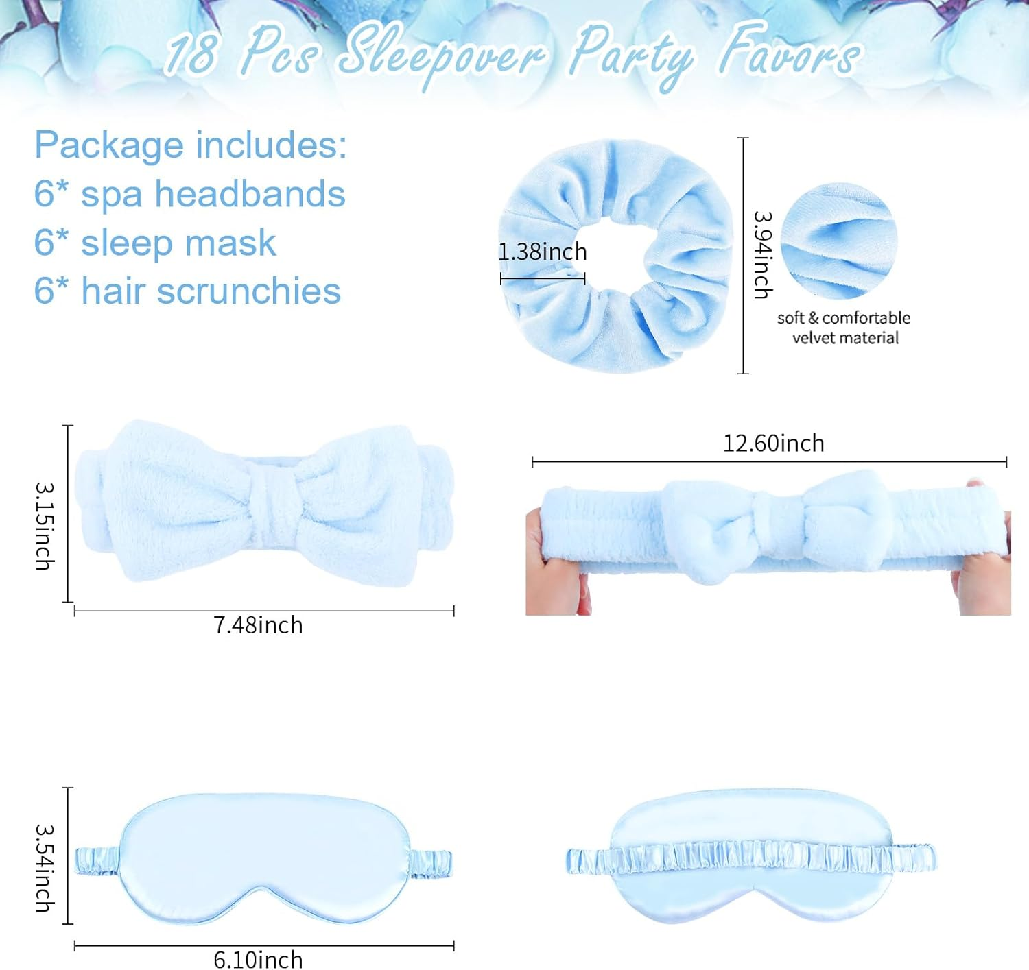 WHAVEL 18 Pcs Sleepover Party Supplies for Girls - Sleepover Party Favors Include 6 Spa Headband, 6 Silk Eye Mask and 6 Velvet Scrunchies for Spa Birthday, Bachelorette, Slumber (Blue) - Blue image number 5