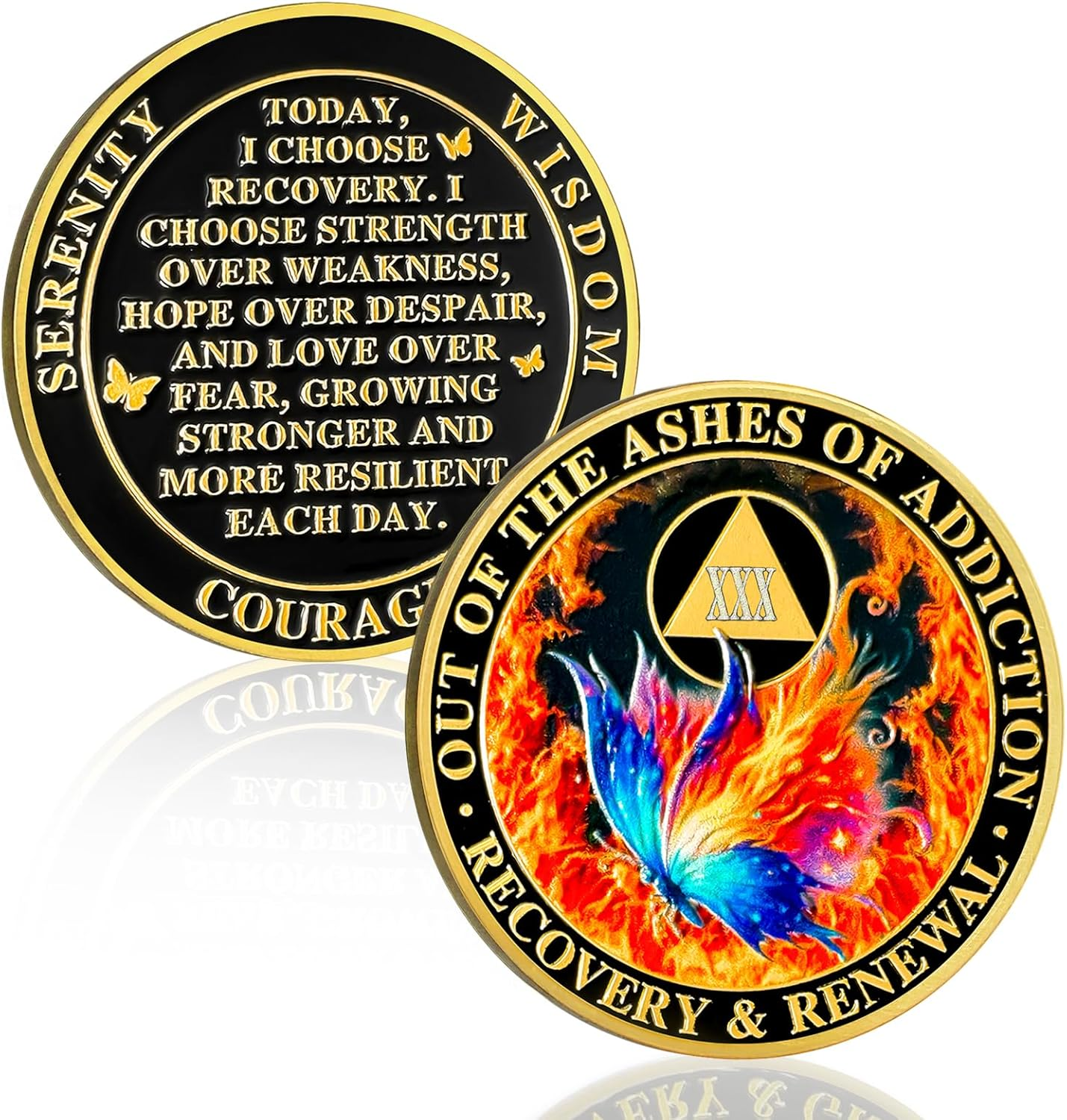 Butterfly in the Fire 24 Year Sobriety Coin, Recovery & Renewal AA Medallion - Celebrating Recovery Anniversary Tokens, Alcohol Free Sobriety Gifts for Women Men