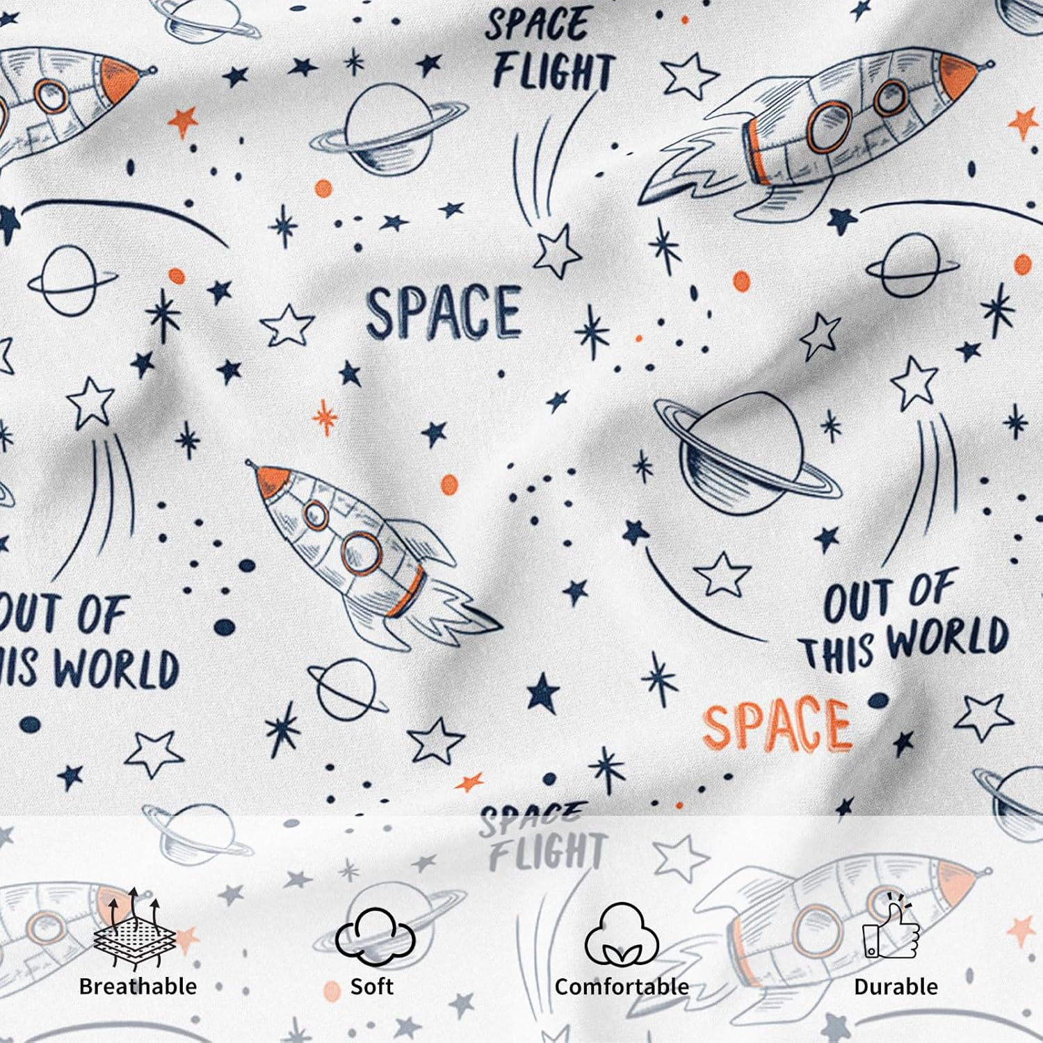 Space Bed Linen 220 X 240 Cm, Universe Planet Rocket Bedding Set Boys Girls Children White Blue Rocket Stars Planets Pattern with Pillowcase 50 X 75 Cm (B, 220 X 240 Cm)