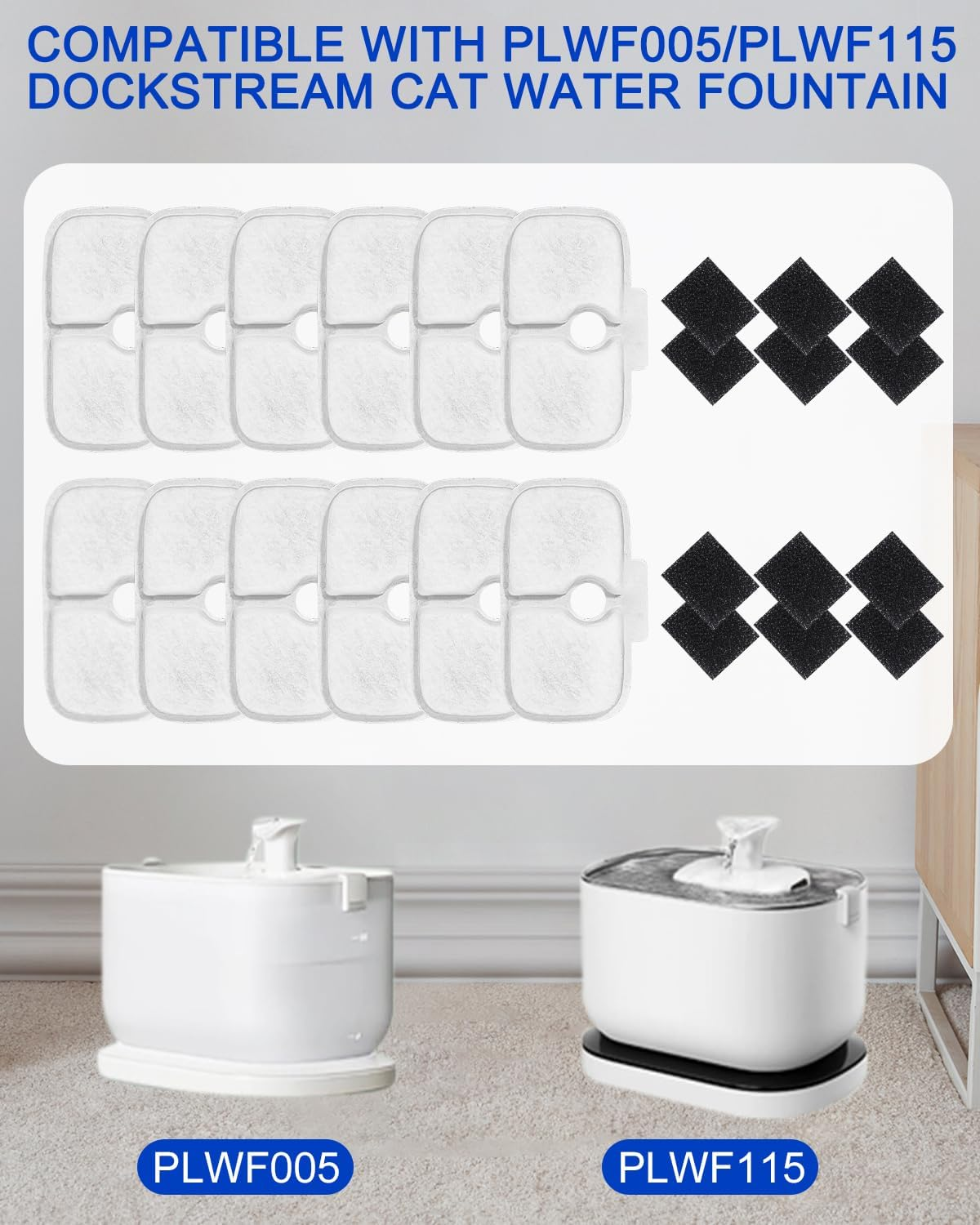 Pack of 12 + 12 Cat Fountain Filter, Replacement Filter for Drinking Fountain, Cat Fountain Filter with Petlibro 2.5 Litre PLWF005, PLWF115, Filter Cat Fountain, 12 Filter Cartridges and 12 Foam