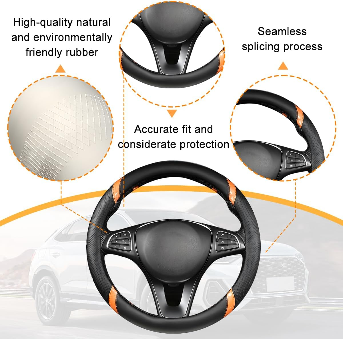 Sandfren Carbon Fiber Car Steering Wheel Cover, 15 Inch Breathable PU Leather Vehicle Steering Wheel Protector with Anti-Slip Lining, Soft Automotive Interior Accessory, Universal Fit (Black/Orange) - Black/Blue image number 5