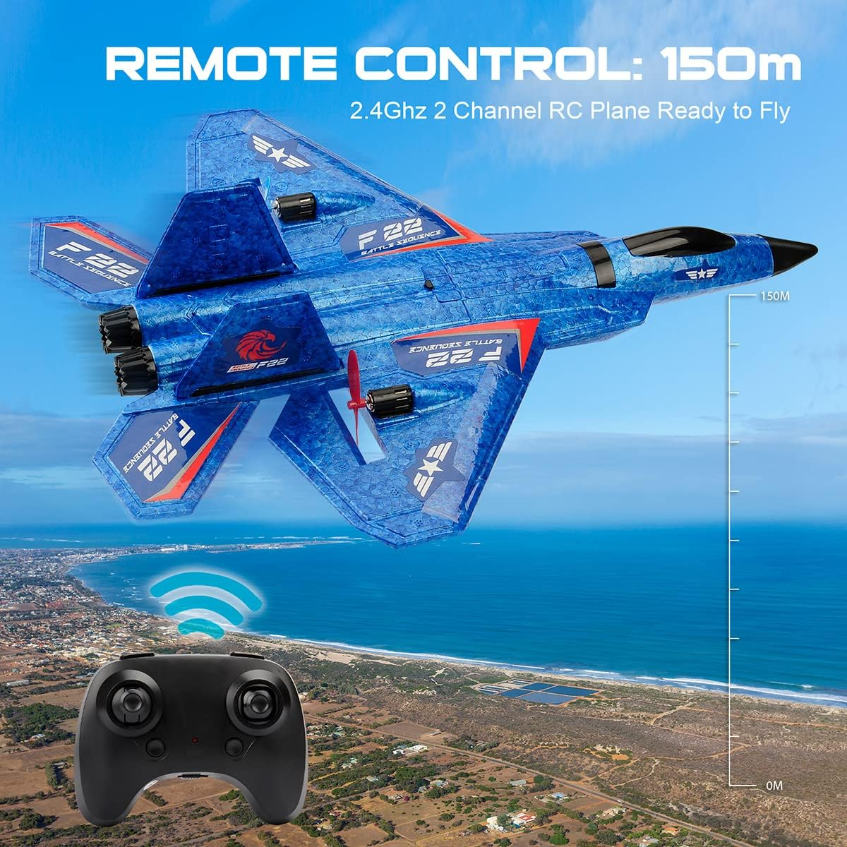 Roofworld RC Plane, F22 Airplane Fighter Ready to Fly, 2.4Ghz 2 Channel Remote Control Airplanes Toy for Boys Girls Kids Beginners Blue02 image number 1