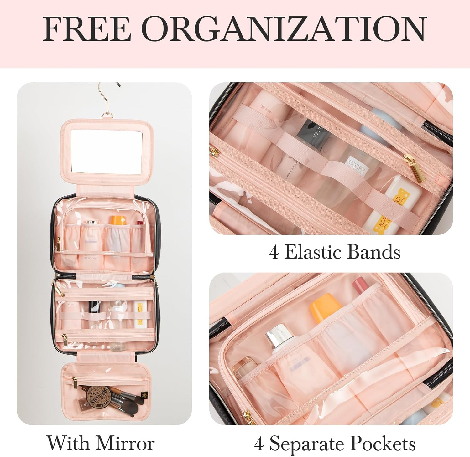 Elite Dance Gear Travel Toiletry Bag with Mirror - Cosmetic Bag with Hanging Hook for Women & Men - Container for Travel Accessories, Essentials, Toiletries, Jewelry, Black, Toiletry Bag with Rack image number 3