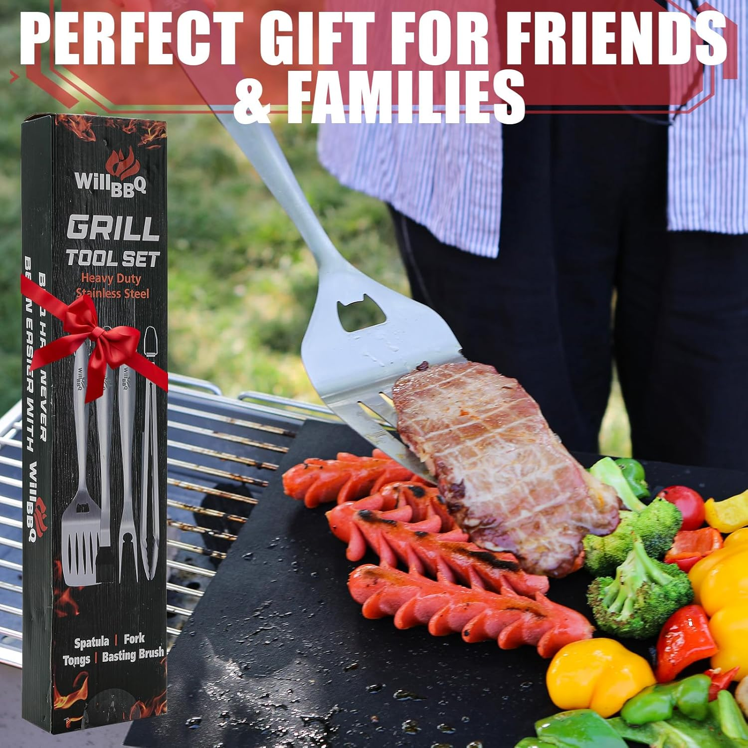 Willbbq 4-Piece BBQ Tool Set &ndash; Stainless Steel Grill Utensils with Tongs, Spatula, Fork & Brush &ndash; Heat-Resistant, Long Handle, Gift Ready