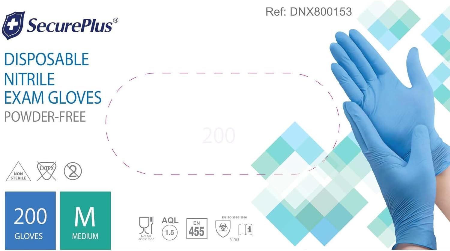 SECURE plus Nitrile Exam Gloves Disposable Gloves，Cleaning Service Gloves, Boxed 200