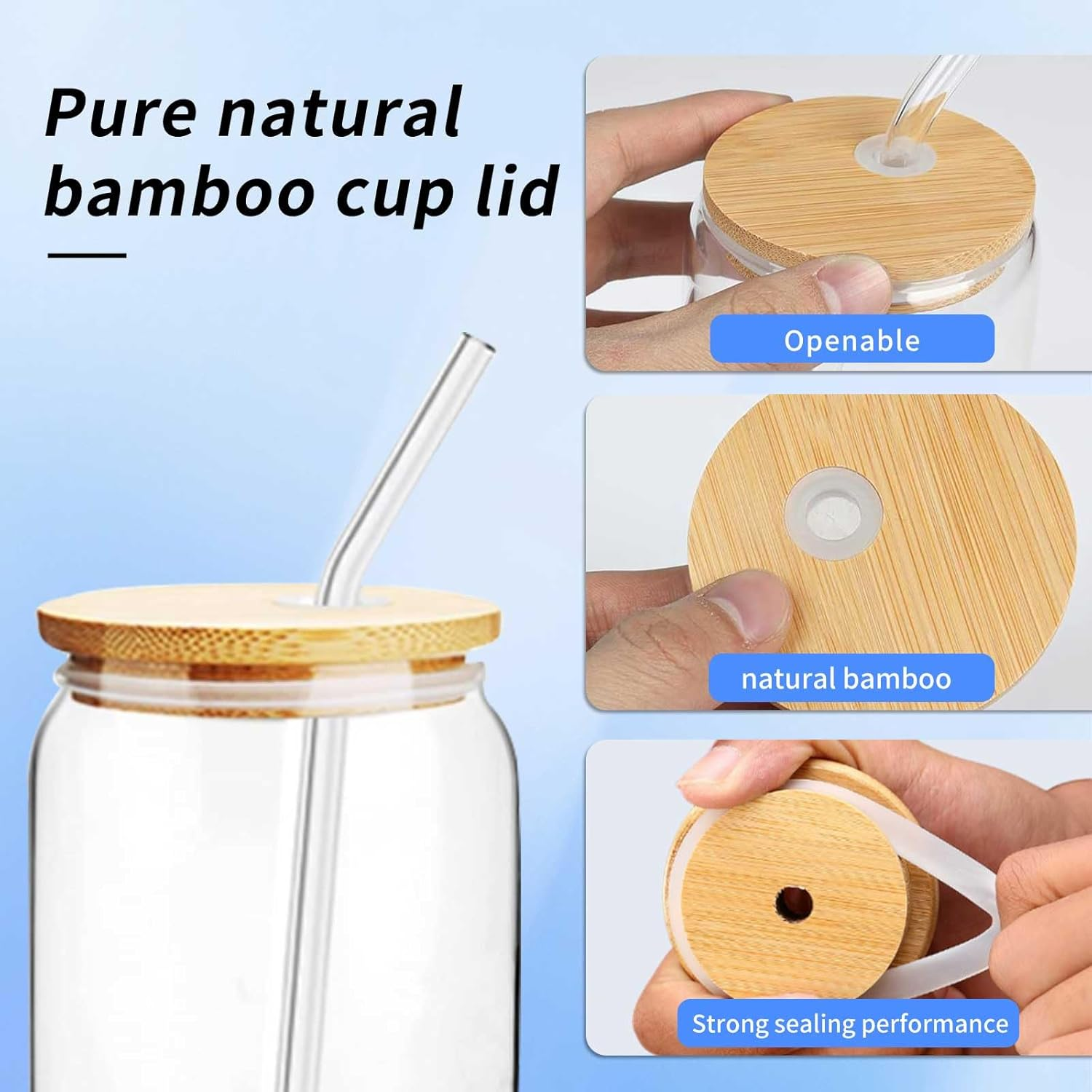 TFMOJHST 4Pcs Drinking Glasses with Bamboo Lids and Glass Straw-16 Oz Iced Coffee Glasses with Lids and Straws, Can Glass Cups Used for Beer/Milk/Soda Boba Etc.Include Can Glasses Cleaning Brushes image number 4