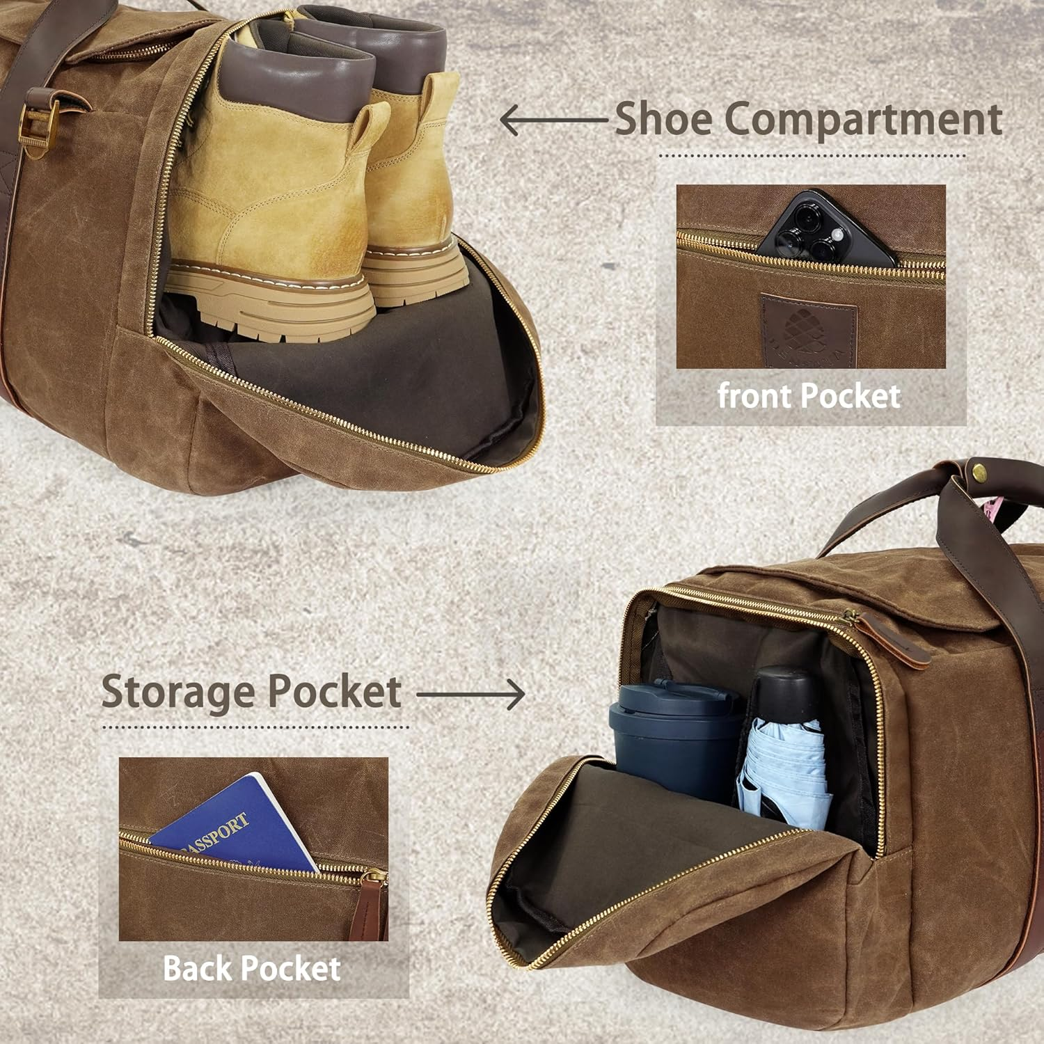 Densata Travel Bags for Men, Nomad Canvas Duffle Bag Vintage Genuine Leather Travel Duffel Bag Multifunctional Weekender Overnight Backpack with Shoes Compartment, Vintage Dark Brown, Large-50L image number 3