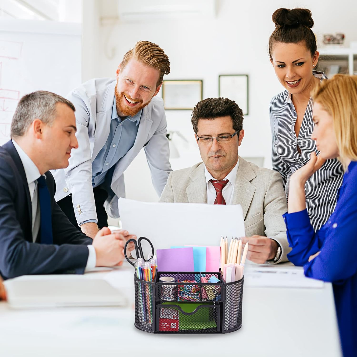 EOOUT Desk Organizer, Pencil Holder for Desk, Mesh Office Desk Accessories with 8 Compartments and 1 Drawer Stationery Holder School Supplies