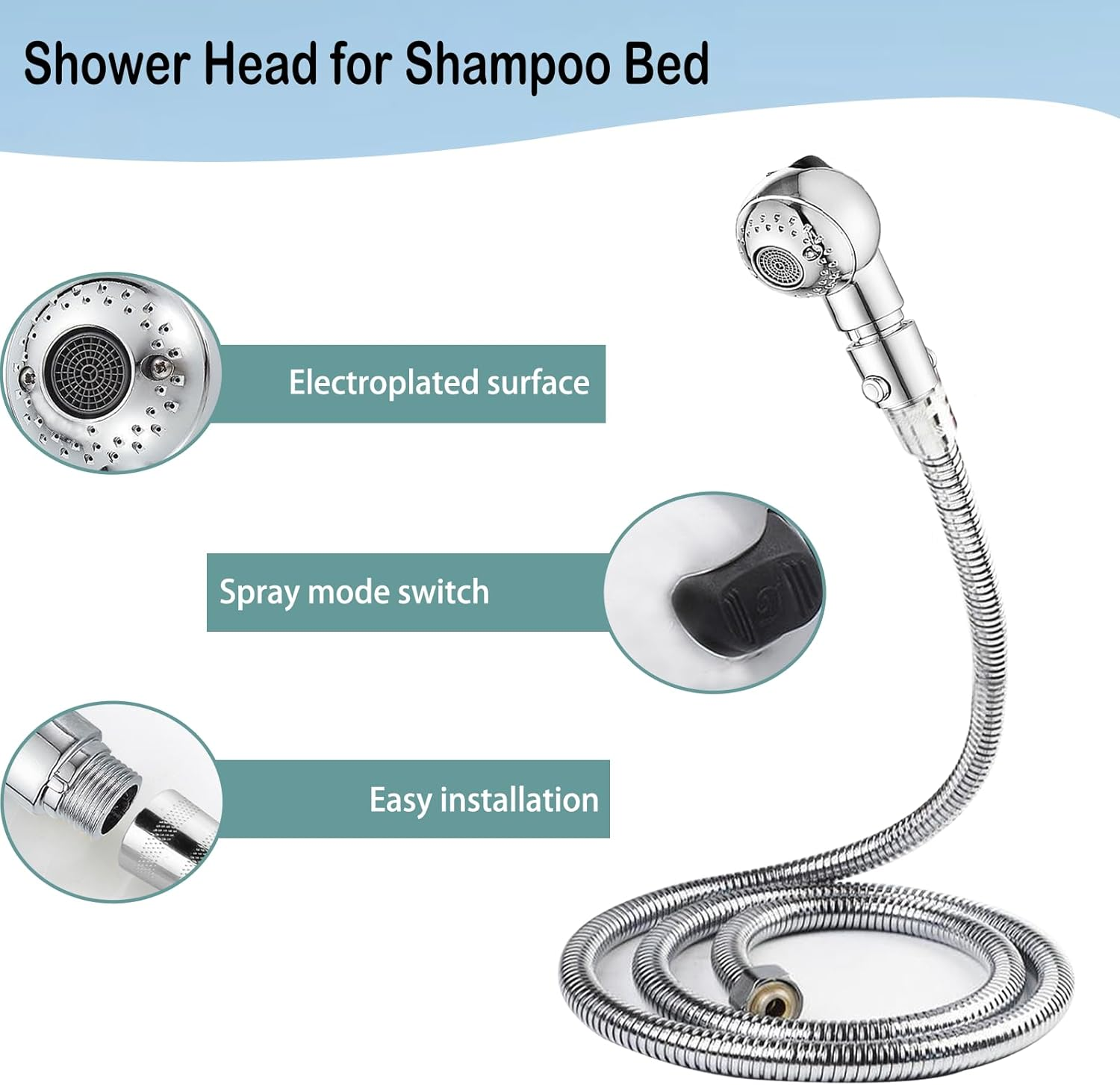Shampoo Bowl Hose and Sprayer, 1/4&rsquo;&rsquo; Nut Stainless Steel Salon Sink Hose with Spray Head Replacement Part to Attach Shampoo Bowl Faucet Vacuum Breaker, Dual Sprayer Model, One Click Water Stop Button image number 1