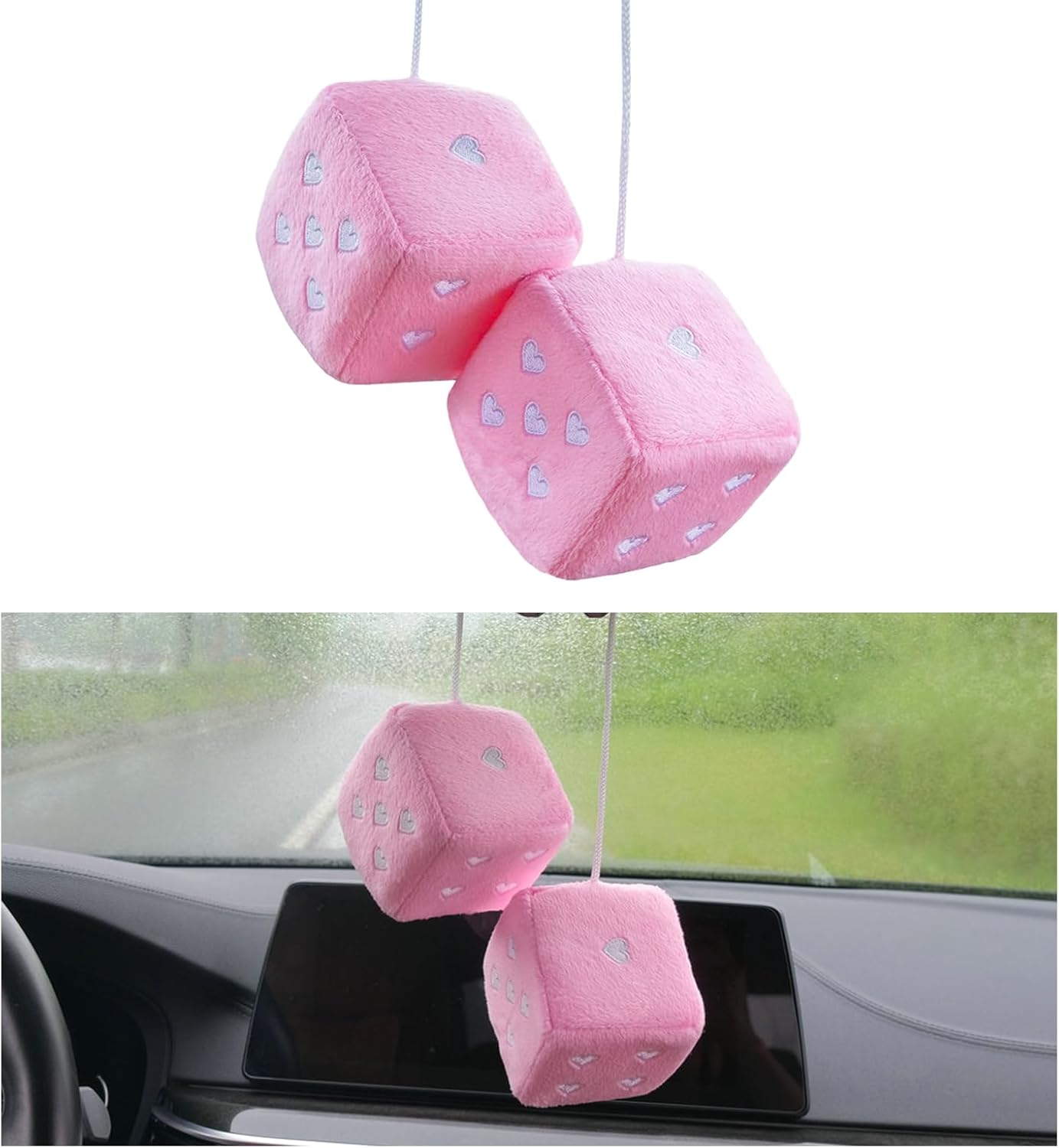 Ziciner Pair Fuzzy Plush Dice for Car Mirror, 3'' Retro Square Dice with Heart-Shape, Universal Auto Rearview Mirror Hanging Ornament Decoration, Vehicle Interior Accessories for Women (White) image number 5