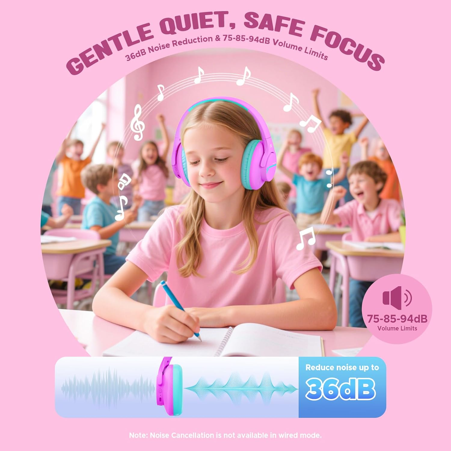 Steellumen Active Noise Cancelling Bluetooth Headphones Children, ANC Mode, Children'S Headphones Wireless, Bluetooth 5.4, 40H Playtime, 74/85/94Dba Safe Volume, Comfortable for Air Travel - Purple image number 6