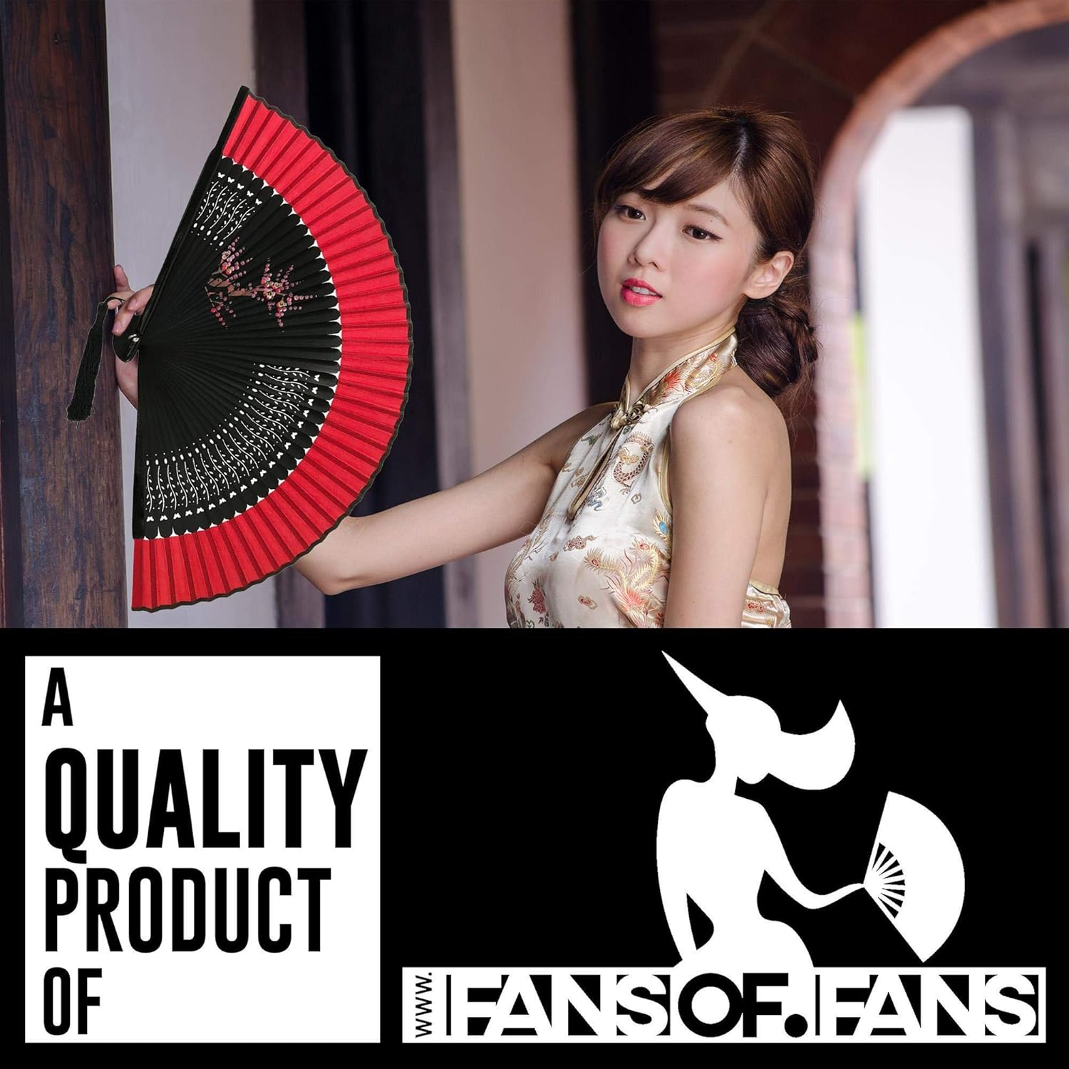 FANSOF.FANS Floral Red and Black Chinese Japanese Silk Fabric Handheld Folding Hand Fan with Pouch and Gift Box Grade a Bamboo Ribs for Women Girls Dance Event Birthday Wedding Favour Gift (Style 03) image number 2