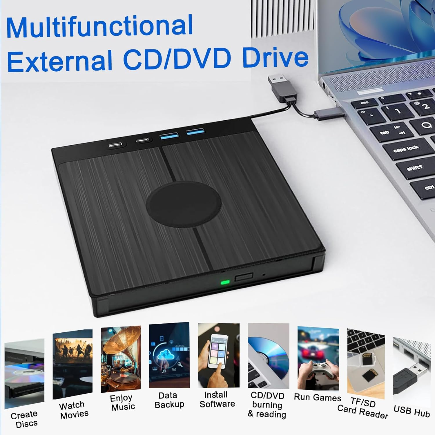 CD Burner External DVD Drive External CD Drive for Laptop PC Desktop CD DVD Player Reader Writer 7-In-1 USB 3.0 USB C TF/SD Card Ports Compatible with Win11/10/8.1/7/Vista/2003/Xp/Mac Os/Linux, Black image number 1
