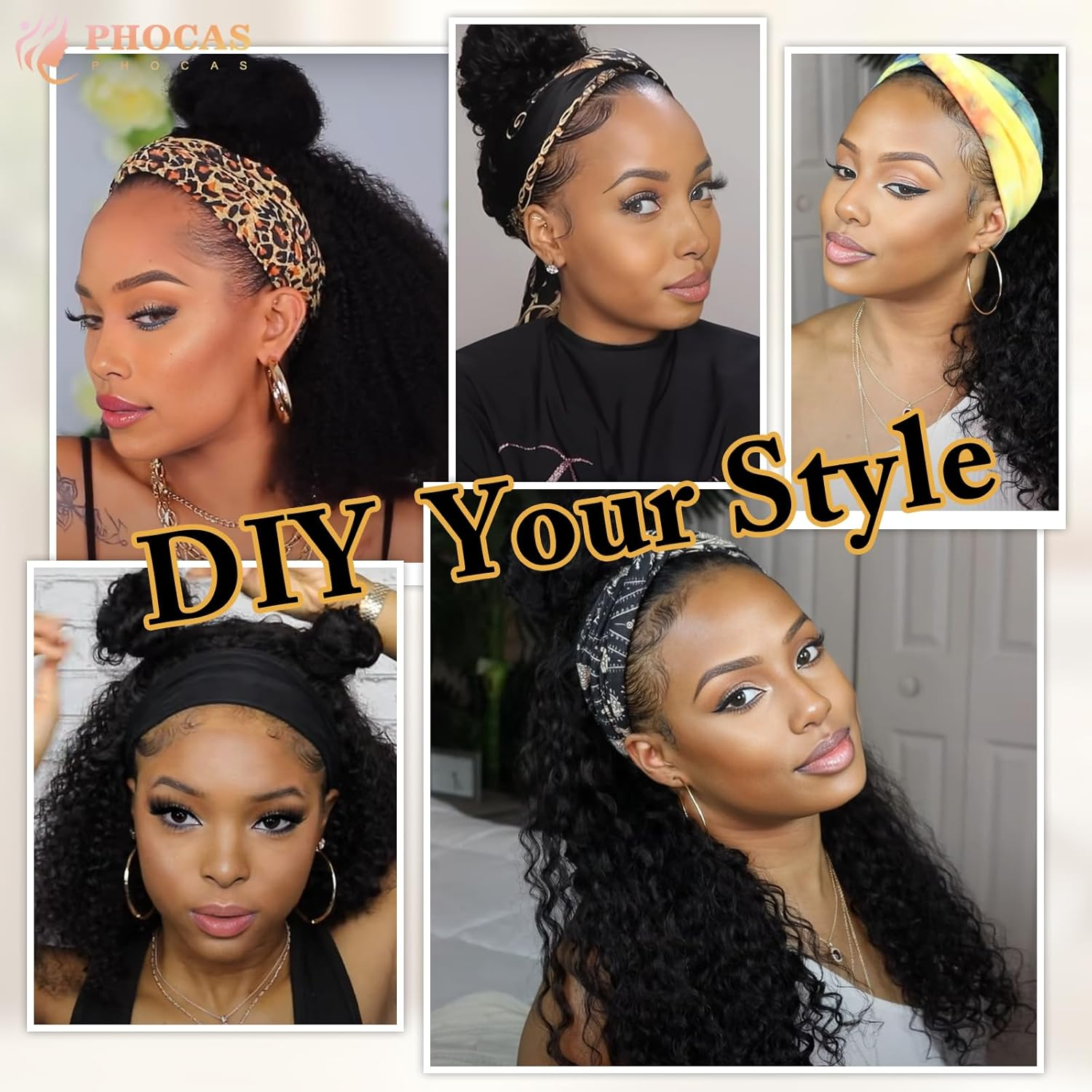 PHOCAS Deep Wave Headband Wig Ombre Blonde Headband Wig Long Curly Synthetic Headband Wig for Women Daily Use 23''/58Cm image number 2