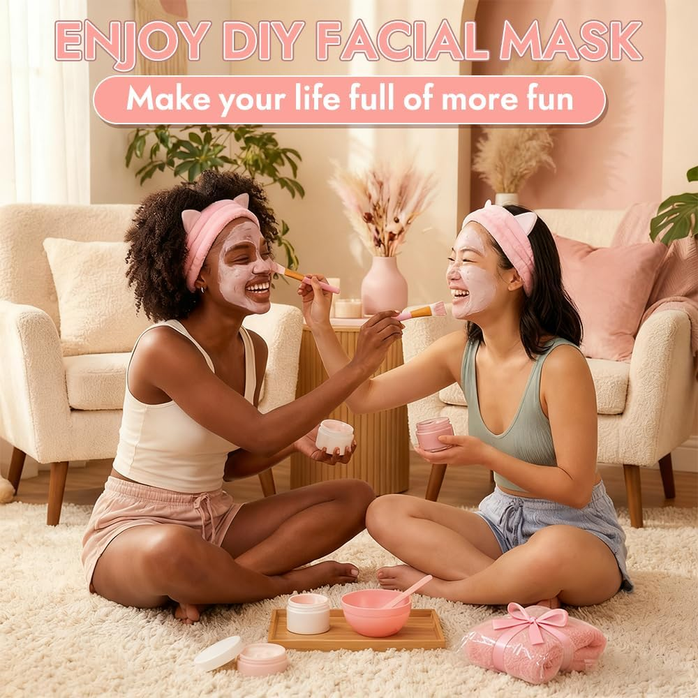 5 Pcs Facial Mask Mixing Bowl Set with Headband Bowl Face Towel Silicone Brush & Spatula, Facial Mixing Kit for Clay Mud Mask Application, DIY Skincare Home Spa Beauty Tools for Adults Women (Pink)