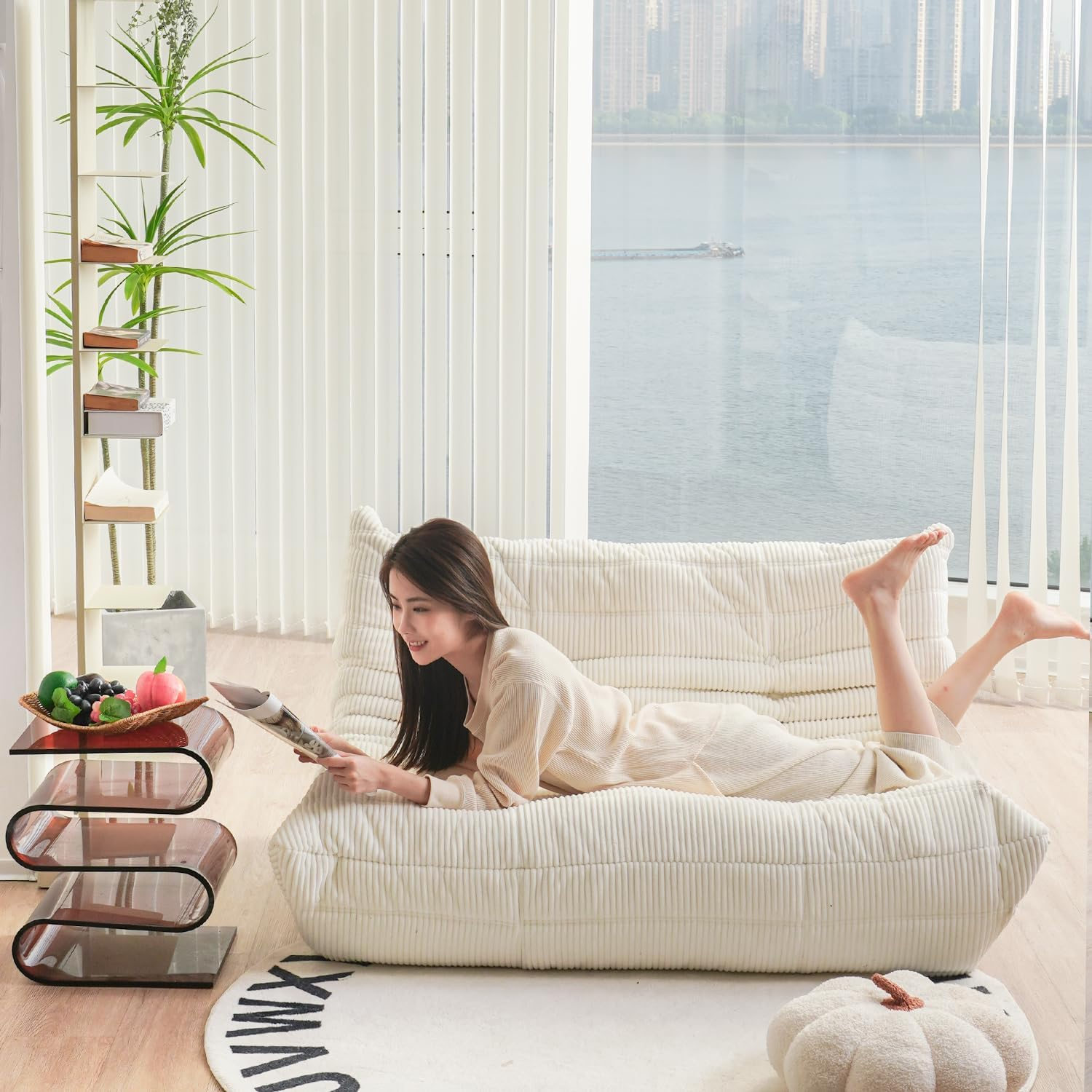 N&V Fireside Loveseat, Mid Century Armless Twin Size Floor Sofa, Soft Premium Corduroy Floor Lounge Chair, Foam Sofa Accent Chair for Living Room Bedroom and Office, Lime