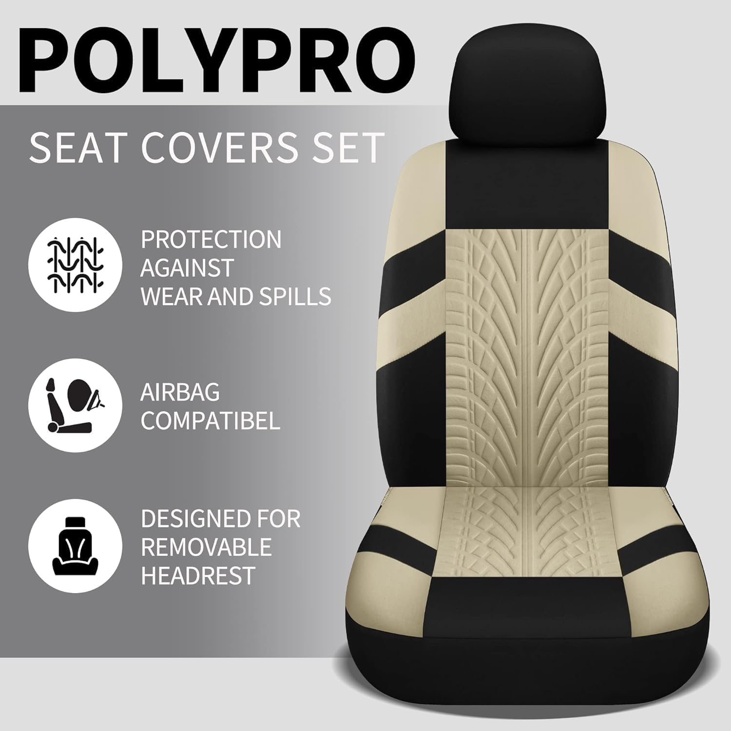 Car Seat Covers Full Set, Front Seat Covers and Split Rear Bench Seat Covers for Car, Universal Cloth Seat Covers for SUV, Sedan, Van, Interior Covers, Airbag Compatible, Black&Beige image number 3