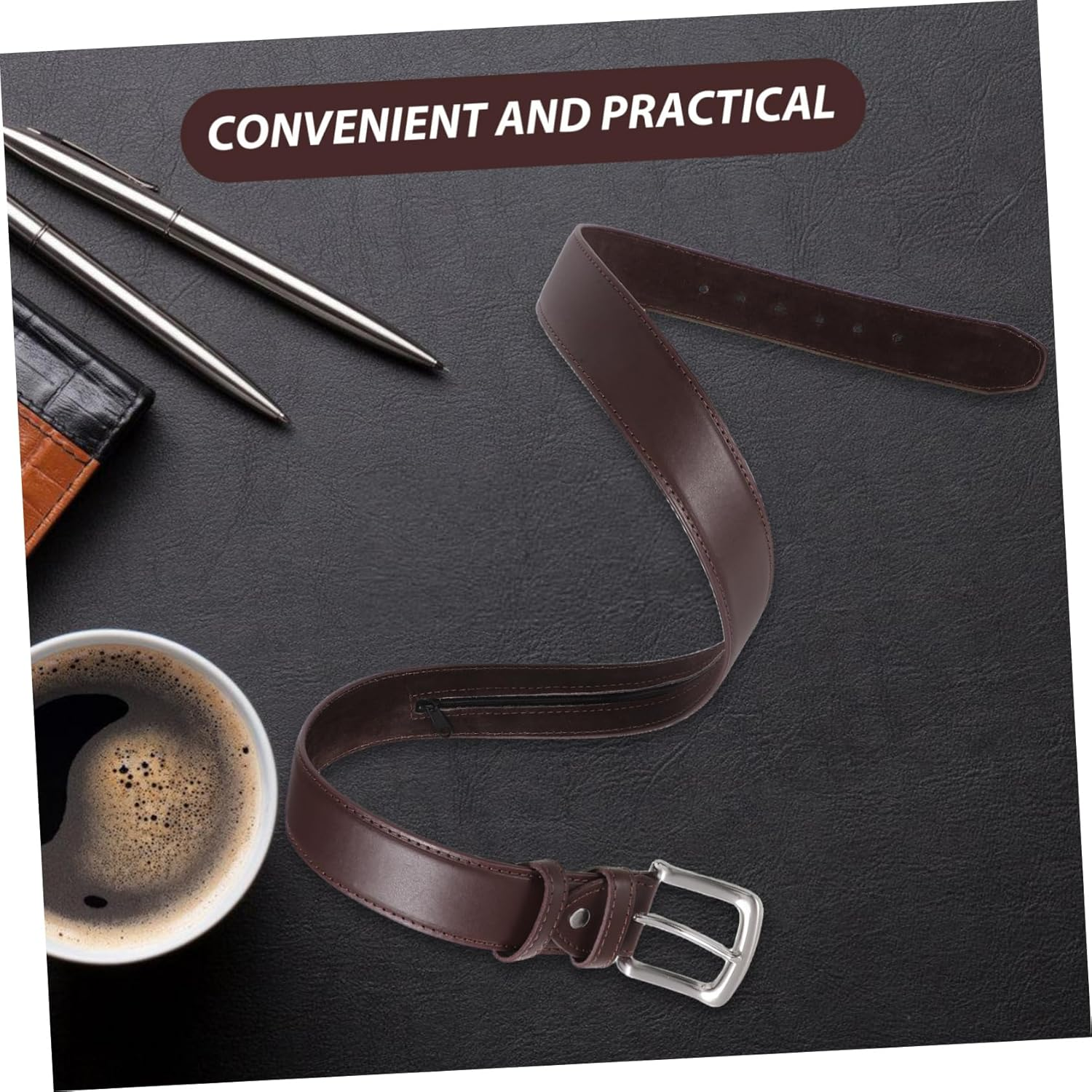 Travel Money Belt for Secure Storage Waistband Wallet with Reliable Zipper Elegant PU Design for Business Trips Jogging and Outdoor Activities Brown - Black image number 3