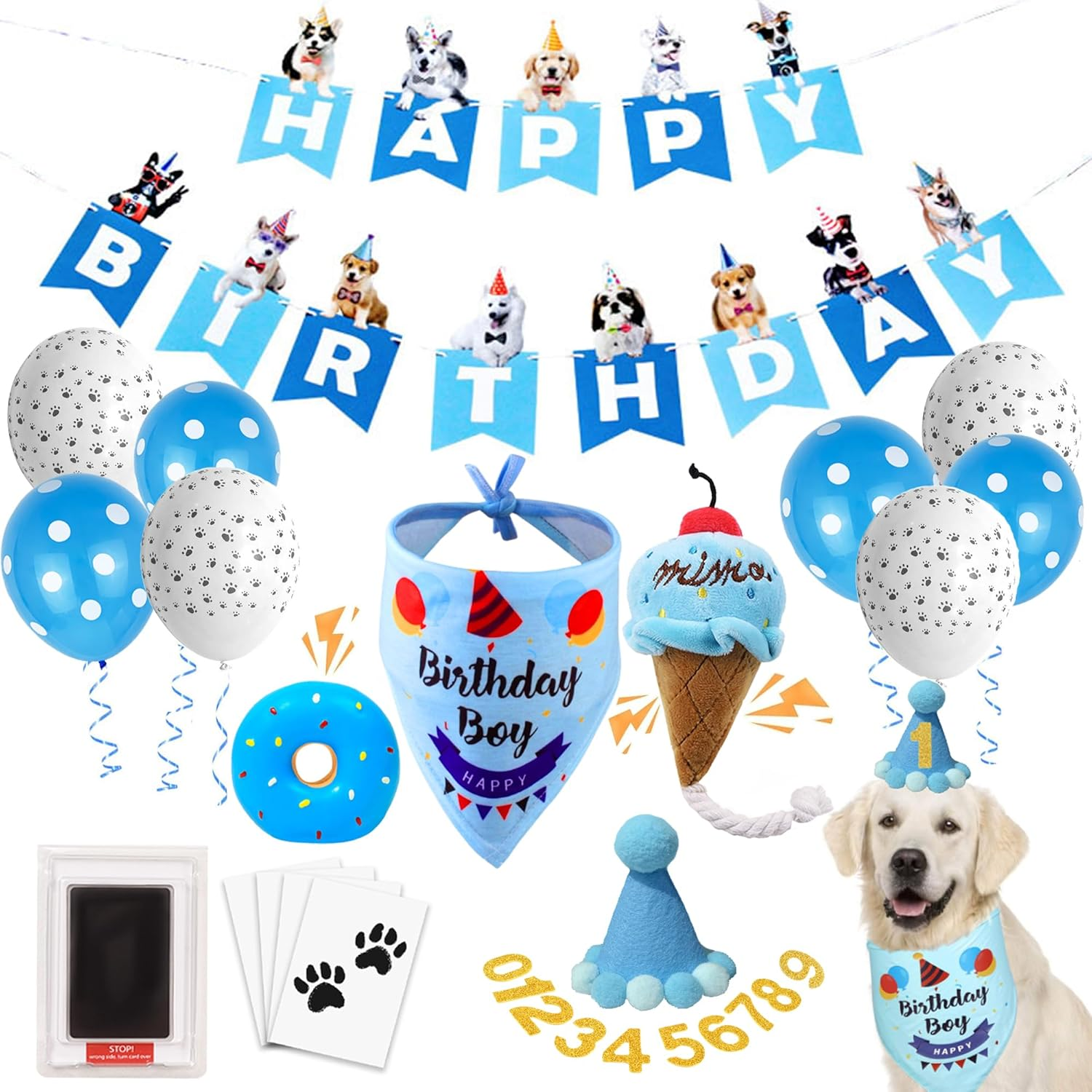 Dog Birthday Party Supplies Set, Blue Puppy Celebration Kit with Happy Birthday Banner Balloons Bandana Hat, DIY Paw Print Kit, Squeaky Toys Glitter Age Numbers Puppy'S First Birthday