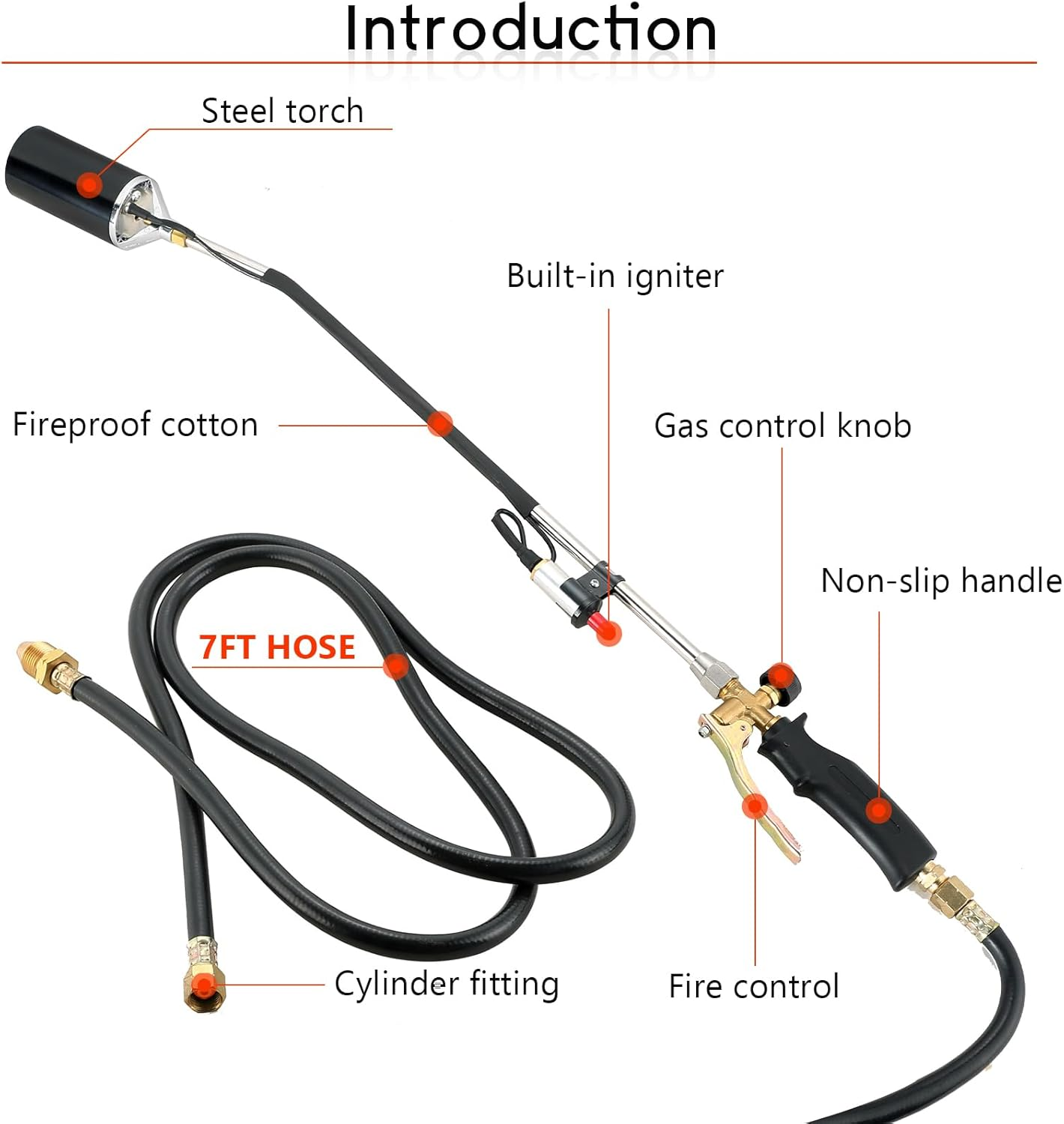 DASBET Propane Torch Weed Burner Kit | 500,000 BTU, Heavy Duty Wand with 7FT Hose and Turbo Trigger Igniter for Weed, Roofing, Roads, Snow Melting image number 4