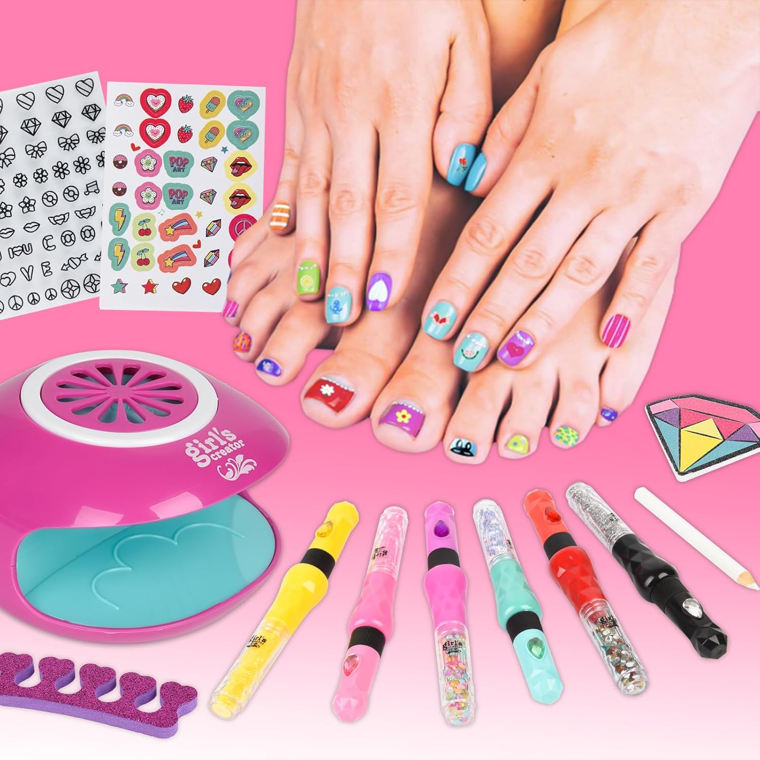 CYZAM Nail Art Studio for Girls, Nail Polish Kit for Kids Age 6-12, 3 in 1 Nail Polish Pen, Nail Dryer, Stickers, Glitter, Decoration Supplies, Non Toxic Nail Polish, Girls Stuff for Spa 6 7 8 9 10 12 Years image number 2