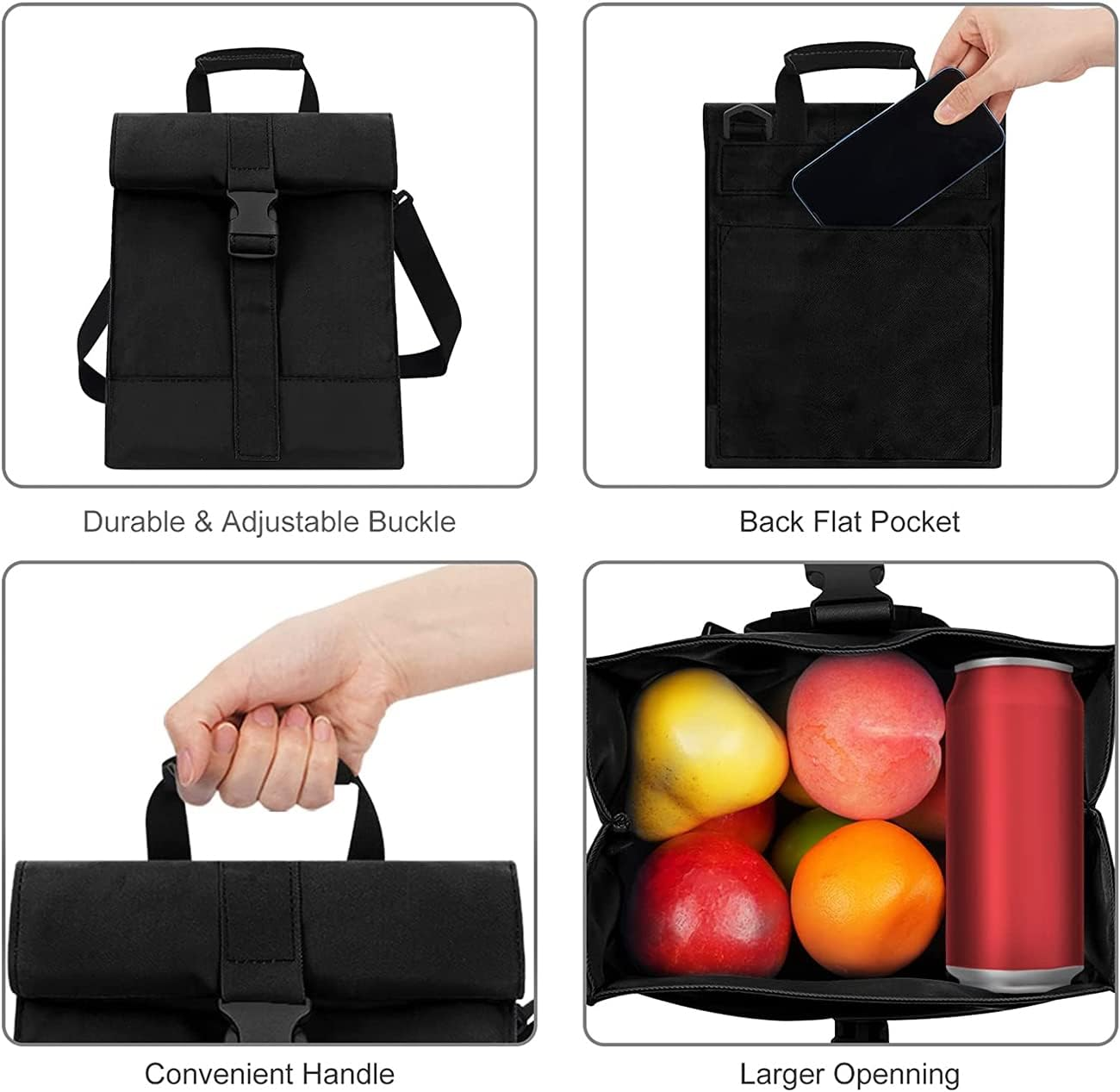 Insulated Lunch Bag for Men & Women Leakproof Cooler Lunch Tote Bag Freezable，Reusable Roll Top Lunch Box for Office Work School Picnic Beach Lunch Outdoor Picnics（Black）
