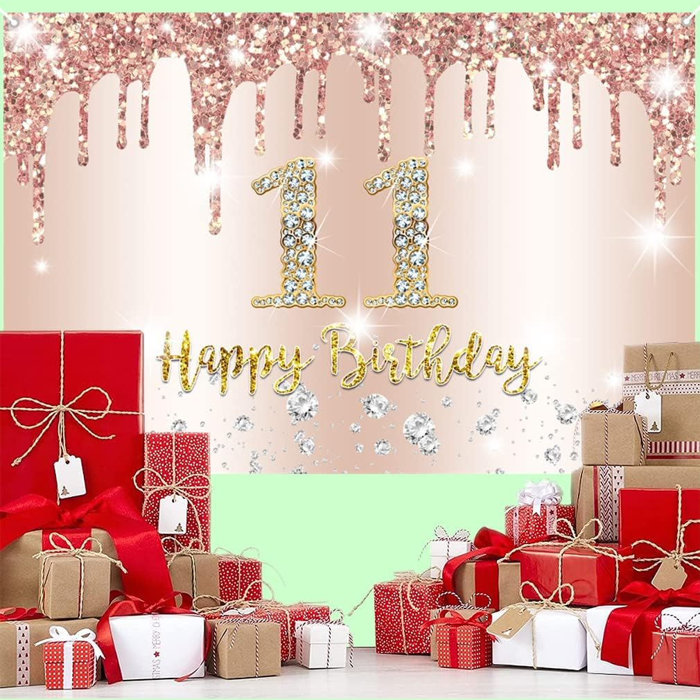 11Th Birthday Girl Decoration, 11Th Birthday Banner Rose Gold, 11Th Birthday Fabric Sign Poster, 11Th Birthday Background Banner Girl Birthday Party Decor image number 1