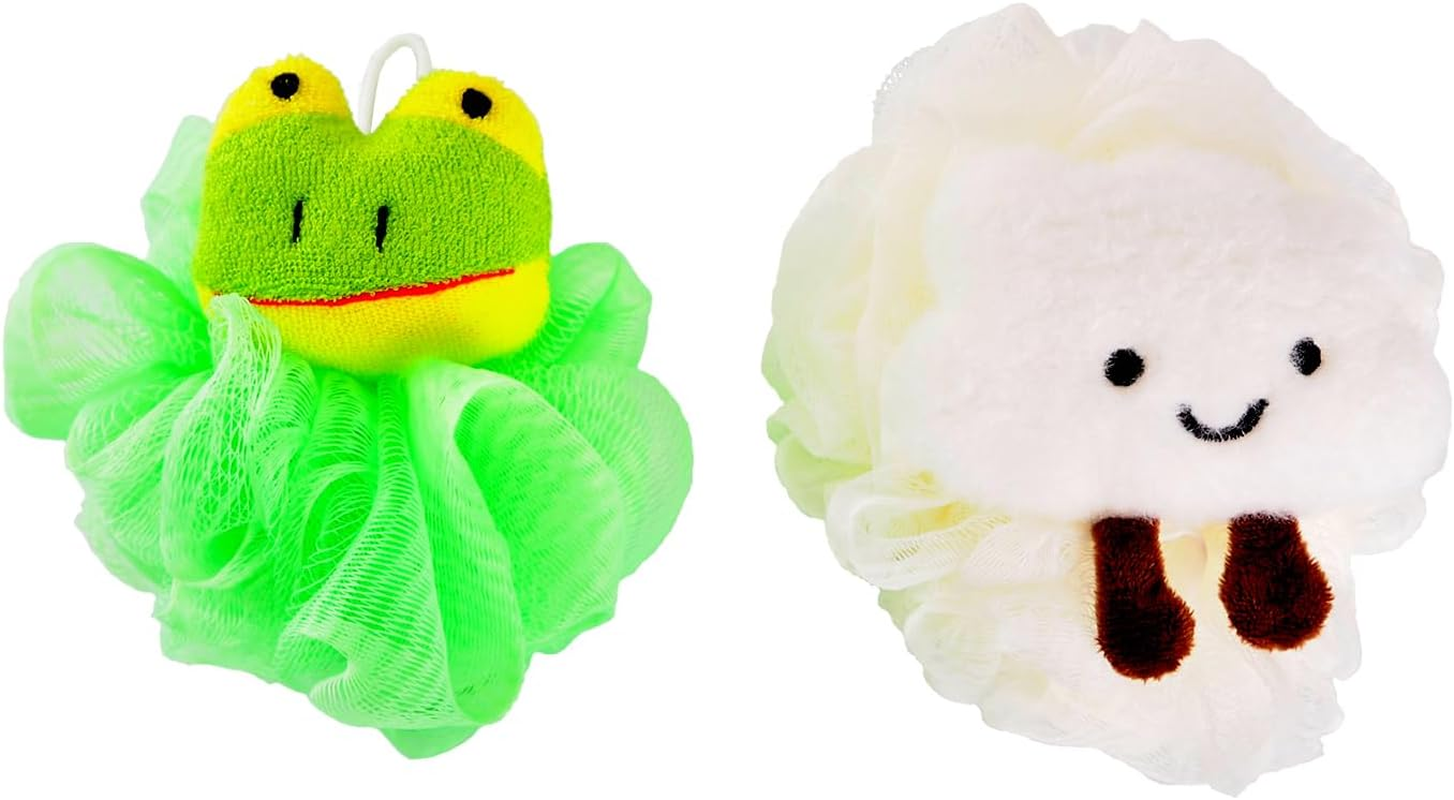 RAMFIYN 2 Pack Fun Bubble Bath Kid Loofahs, Cute Animal Loofah Bath Sponge, Shower Puffs Body Scrubber, Fun Bath Sponges - Frog and Sheep image number 1