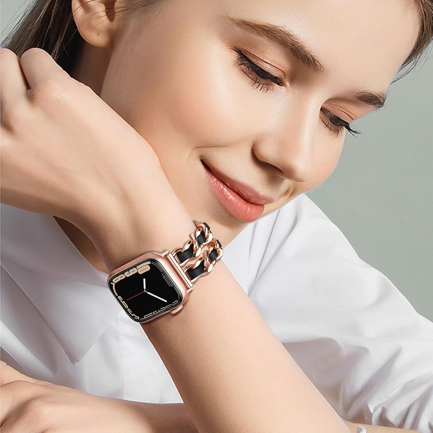 Ocaer Compatible with Apple Watch 49Mm 46Mm 45Mm 44Mm 42Mm 41Mm 40Mm 38Mm, Jewelry Chain Iwatch Band for Apple Watch Series 11 10 9 8 7 6 5 4 Ultra 3 SE 3 2 1,Metal Bracelet with Leather for Women image number 1