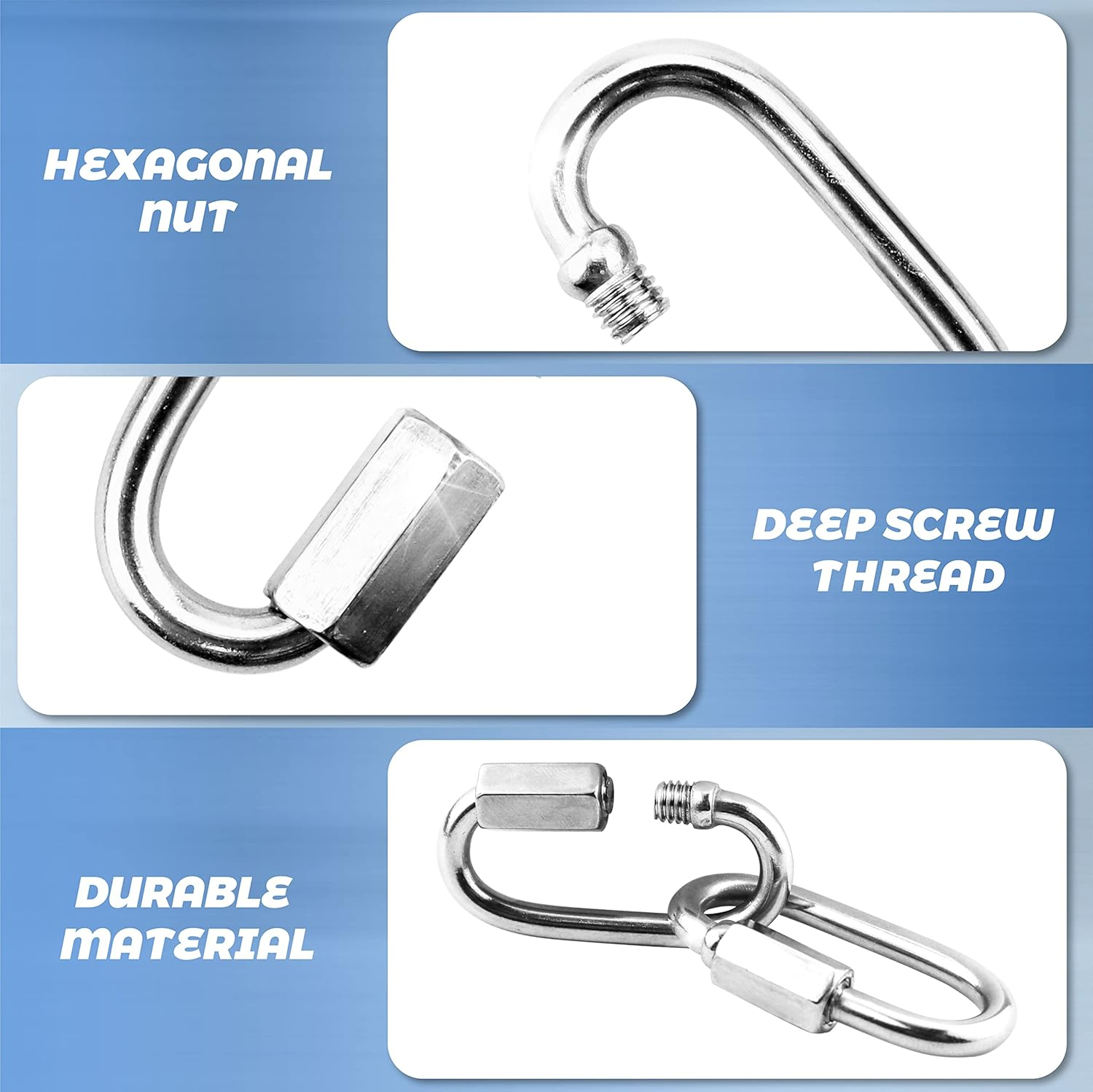 YETOOME 10 Pack 304 Stainless Steel M3.5 Chain Link, 1/8 Inch D Shape Locking Quick Chain Repair Links Pets Keychain for Outdoor Traveling Equipment image number 3