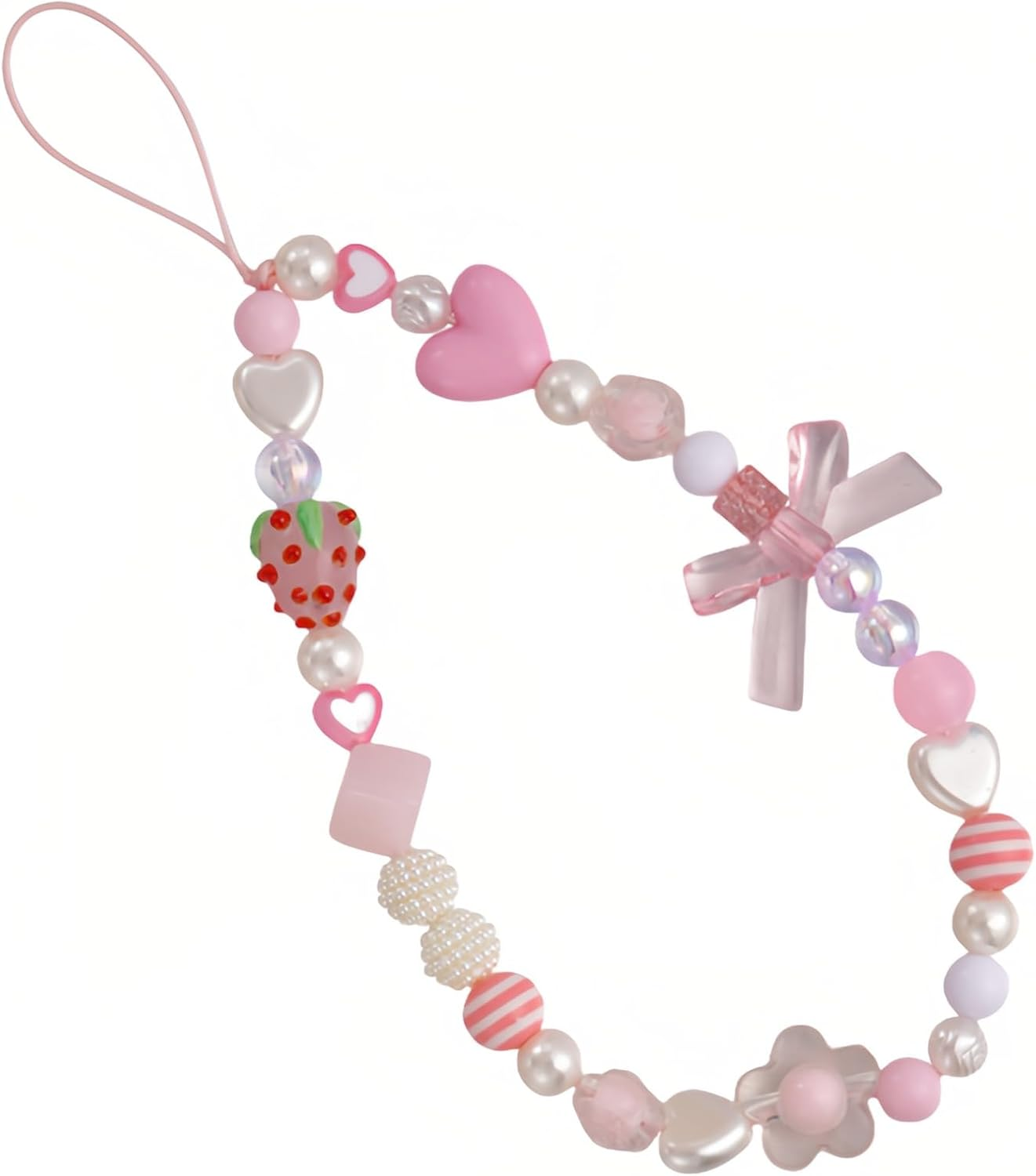 Strawberry Charm Phone Strap & Wristlet - Anti-Loss Sparkle Beaded Lanyard for Phone Camera, Cute Kawaii Gift for Women Girls (Pink Pearl Bow), Short Lightweight Design image number 4