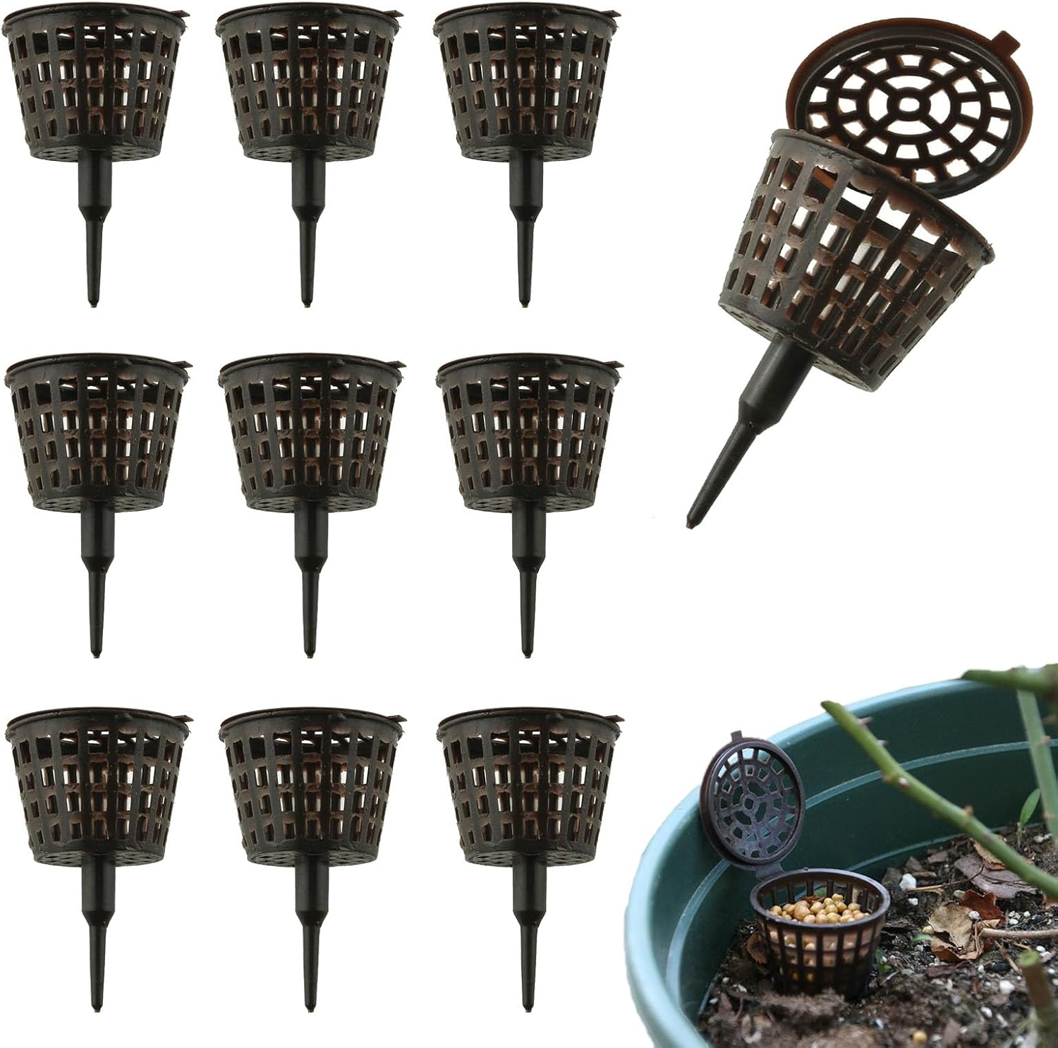 Tophomer 10 PCS Bonsai Fertilizer Basket with Lid, Large Garden Nursery Pots Planting Nutrition Cups Automatic Fertilizer Box for Orchids, Succulent. Small Plants image number 6